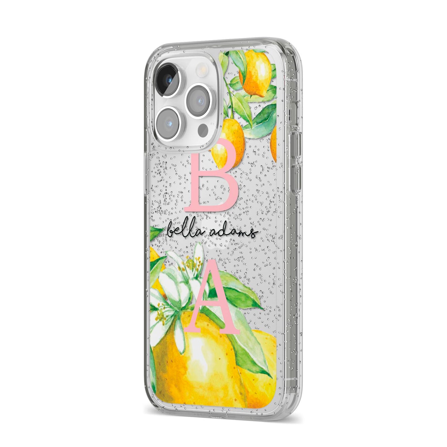 Personalised Initials Lemons iPhone 14 Pro Max Glitter Tough Case Silver Angled Image