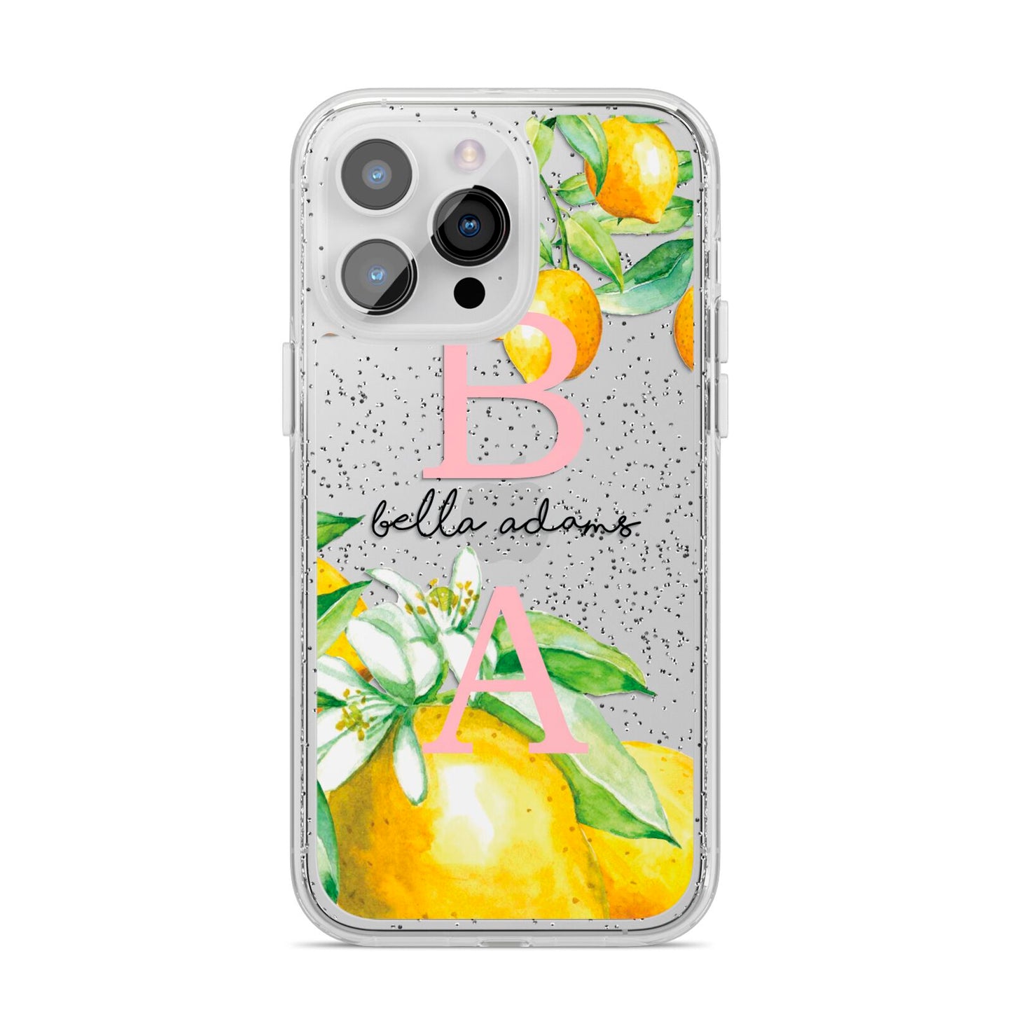 Personalised Initials Lemons iPhone 14 Pro Max Glitter Tough Case Silver