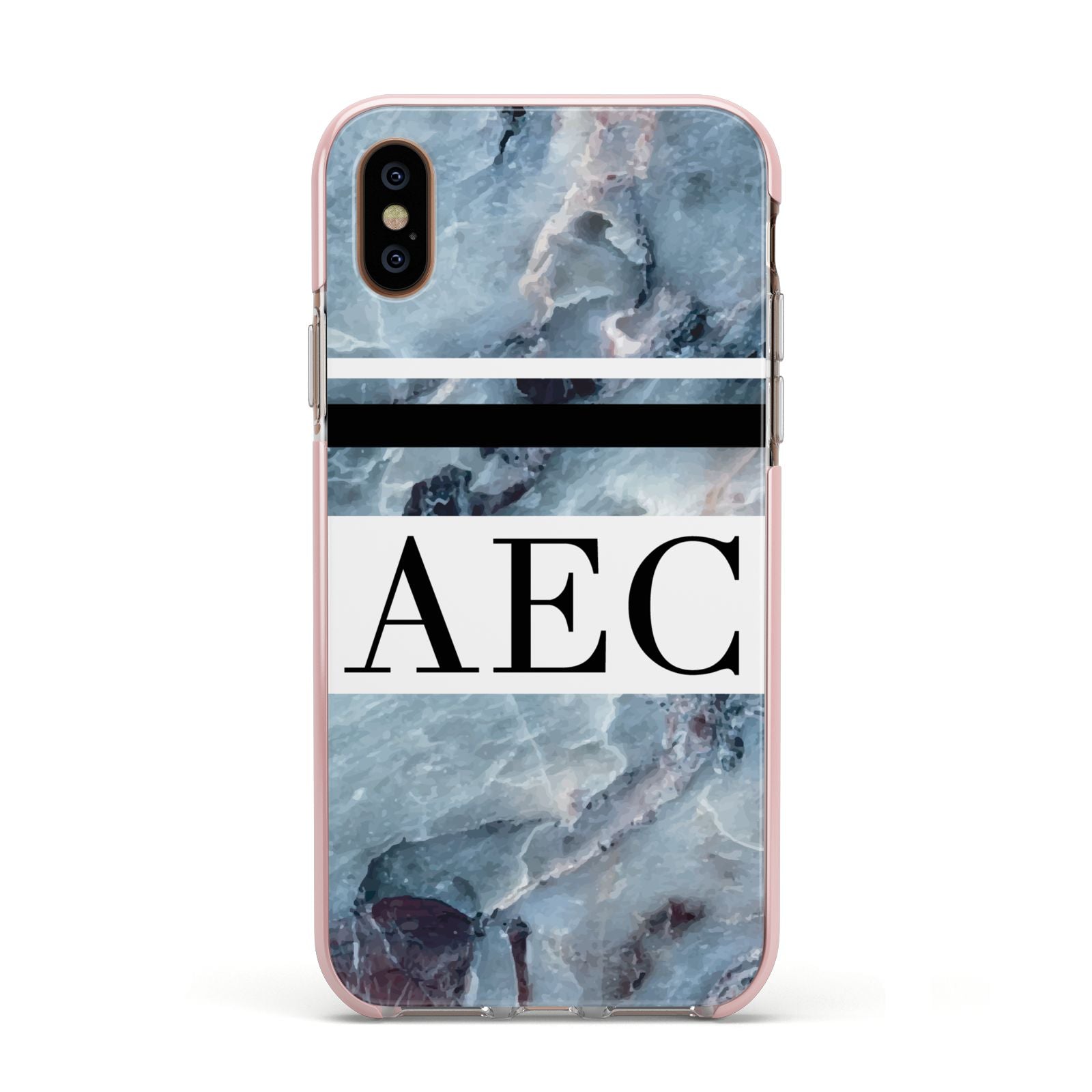 Personalised Initials Marble 9 Apple iPhone Xs Impact Case Pink Edge on Gold Phone