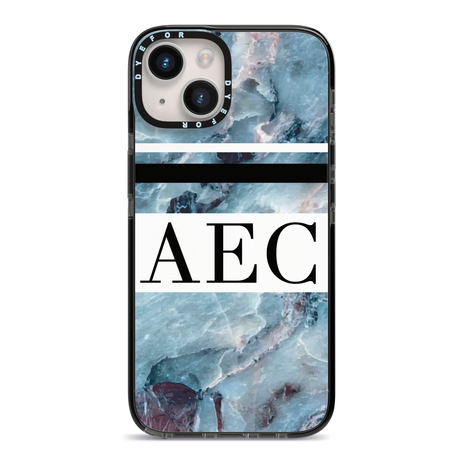 Personalised Initials Marble 9 iPhone 14 Black Impact Case on Silver phone