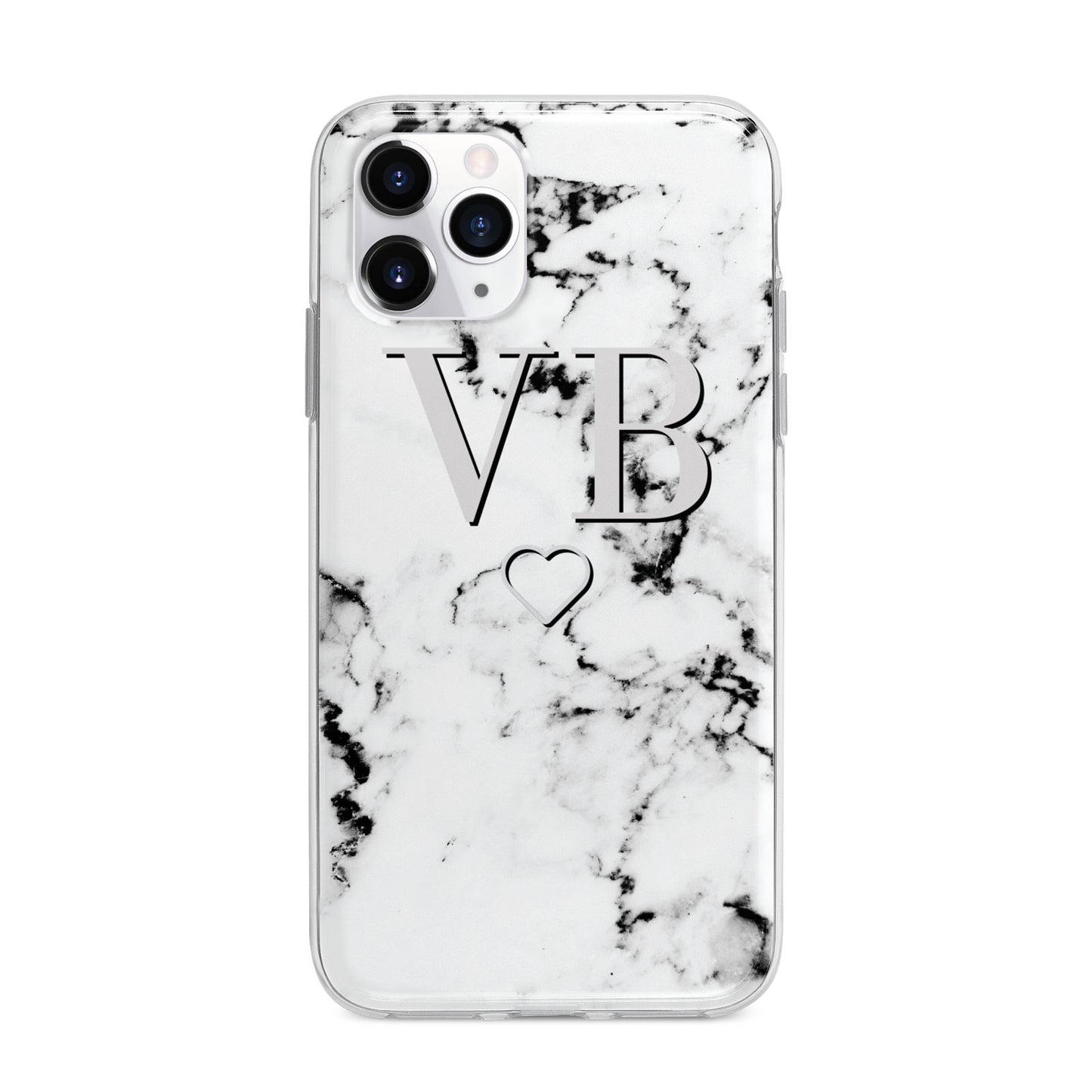 Personalised Initials Outline Heart Marble Apple iPhone 11 Pro Max in Silver with Bumper Case