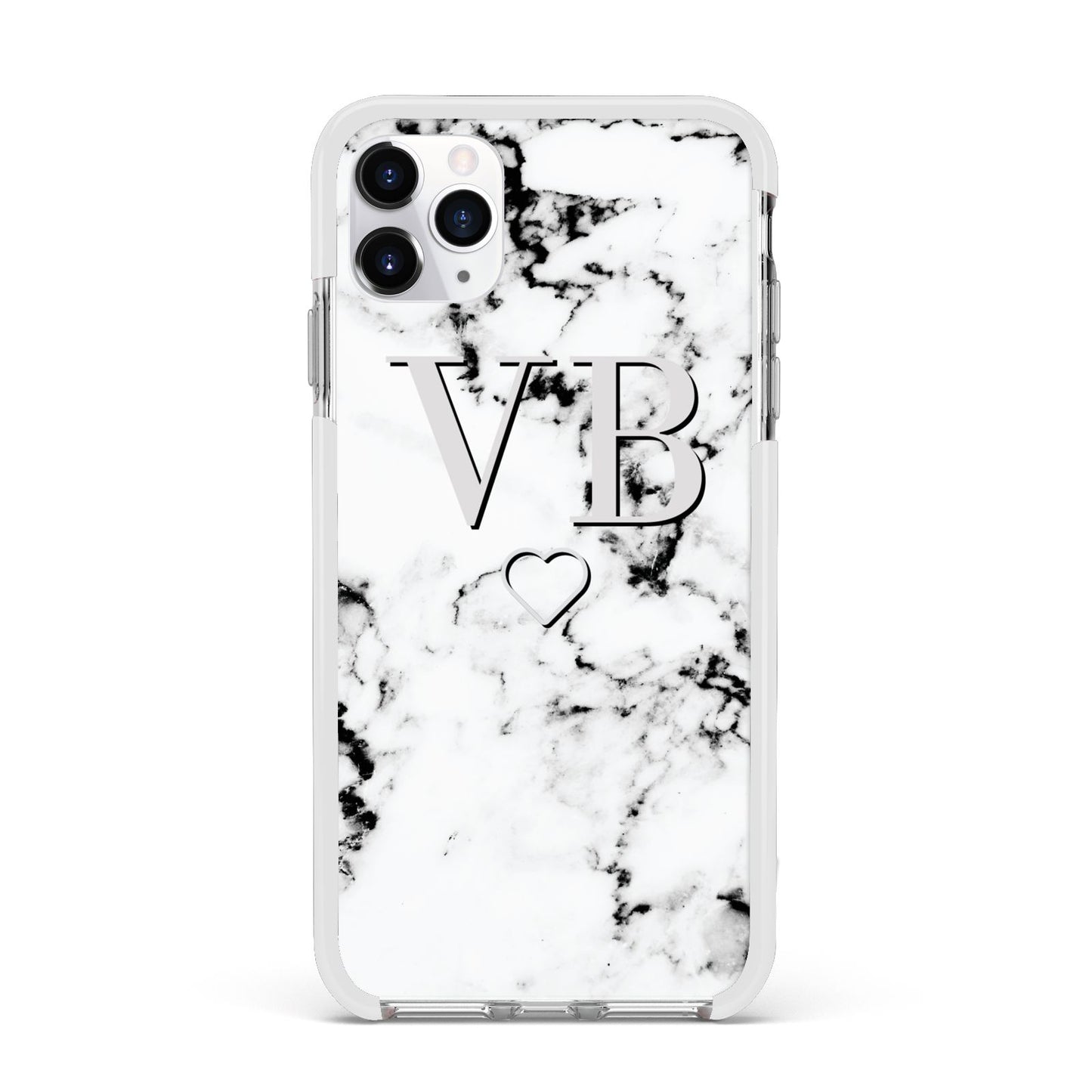 Personalised Initials Outline Heart Marble Apple iPhone 11 Pro Max in Silver with White Impact Case