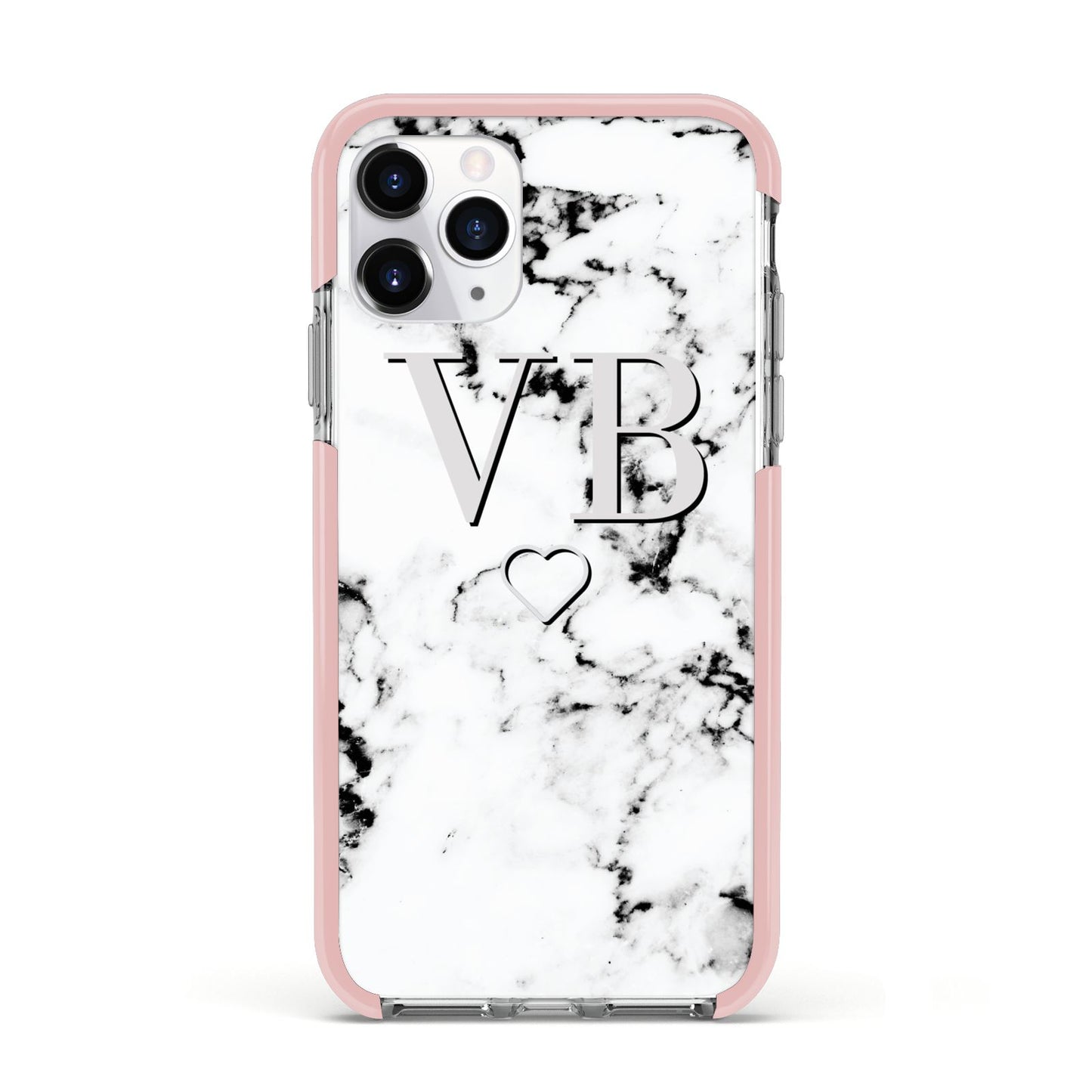 Personalised Initials Outline Heart Marble Apple iPhone 11 Pro in Silver with Pink Impact Case