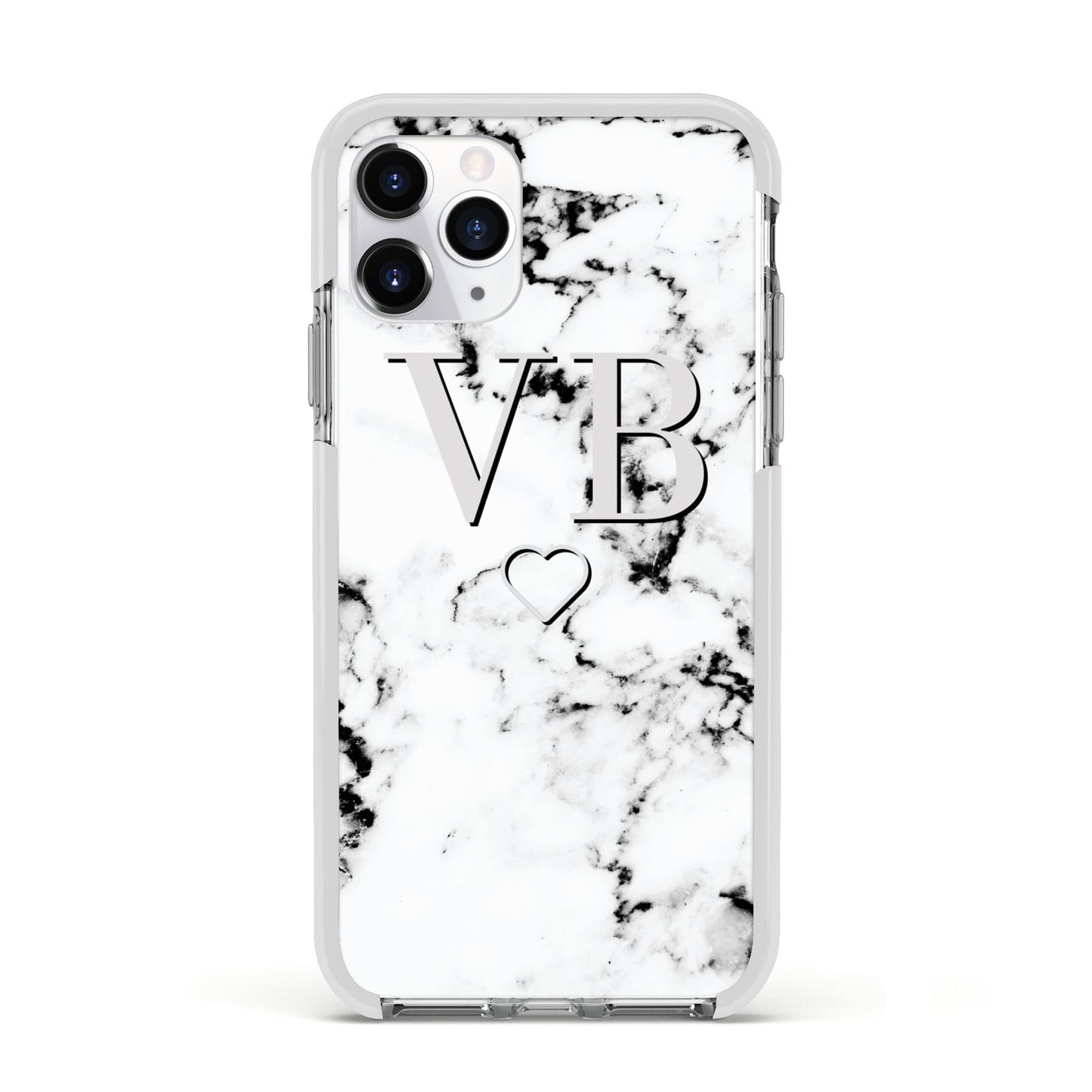 Personalised Initials Outline Heart Marble Apple iPhone 11 Pro in Silver with White Impact Case