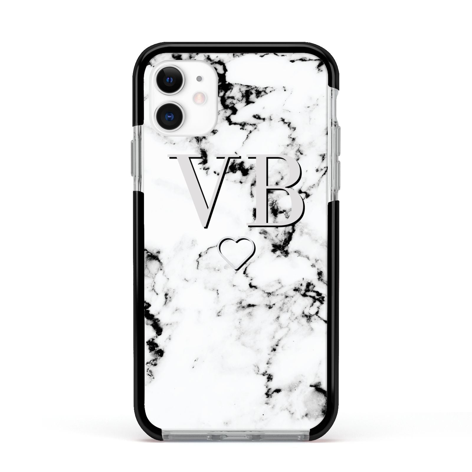 Personalised Initials Outline Heart Marble Apple iPhone 11 in White with Black Impact Case