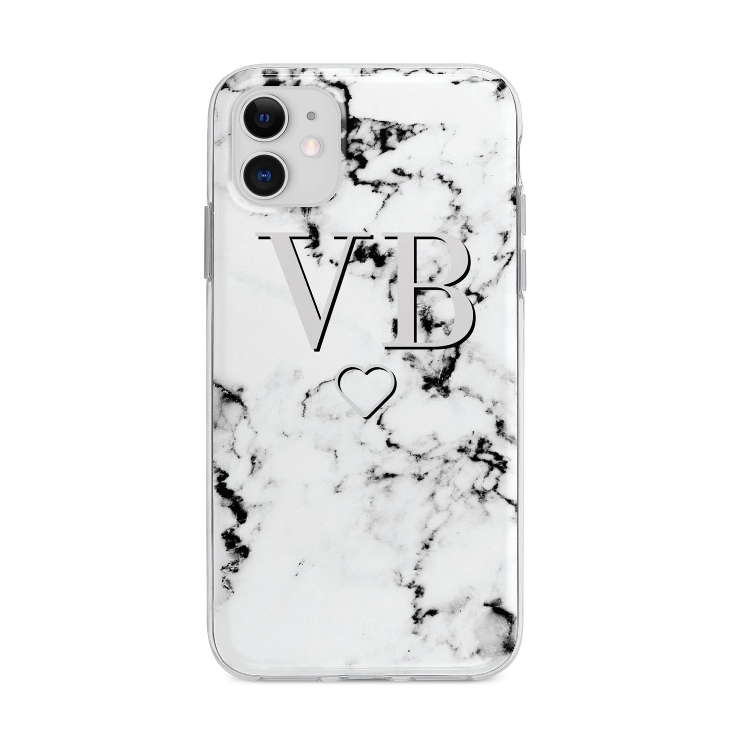 Personalised Initials Outline Heart Marble Apple iPhone 11 in White with Bumper Case