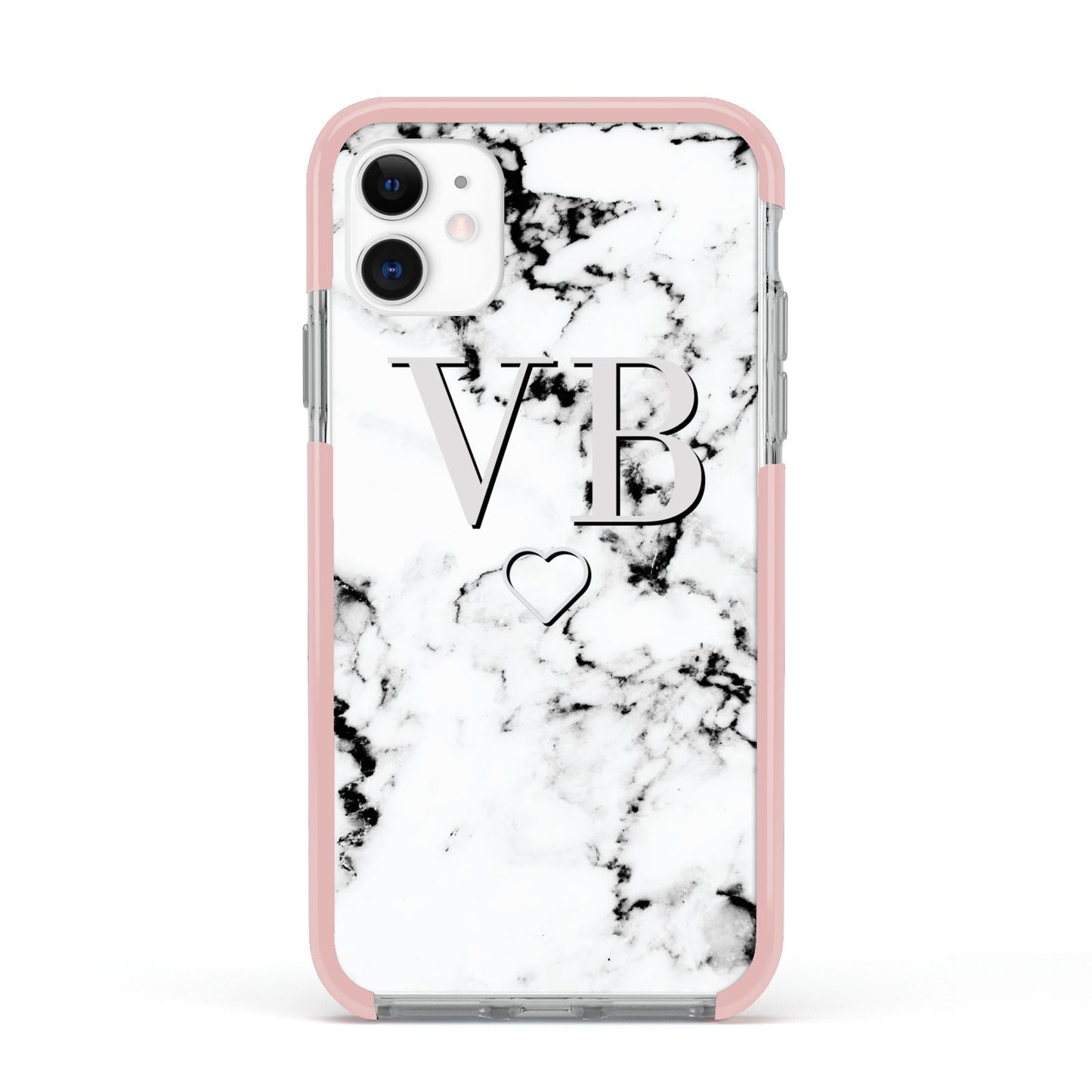 Personalised Initials Outline Heart Marble Apple iPhone 11 in White with Pink Impact Case