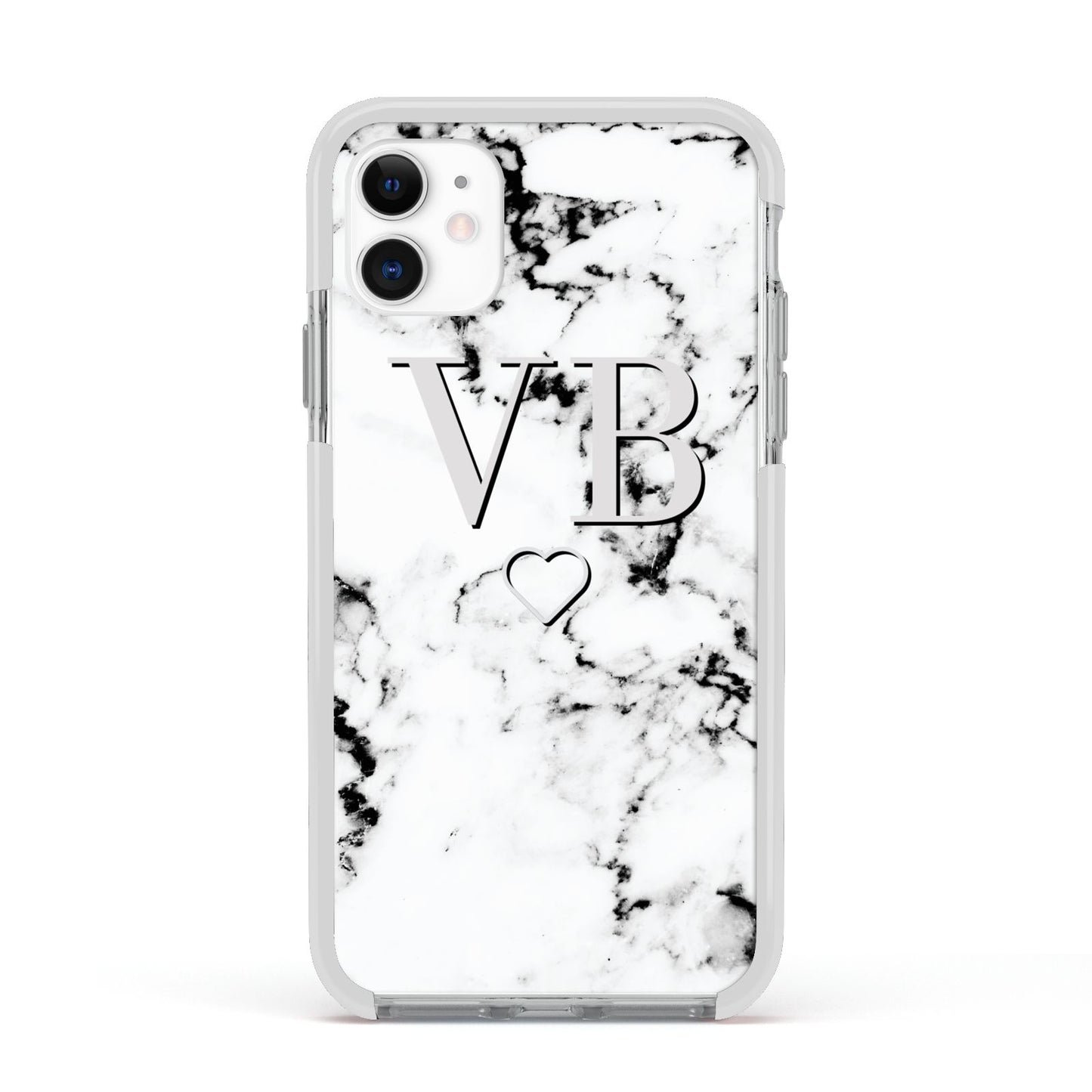 Personalised Initials Outline Heart Marble Apple iPhone 11 in White with White Impact Case