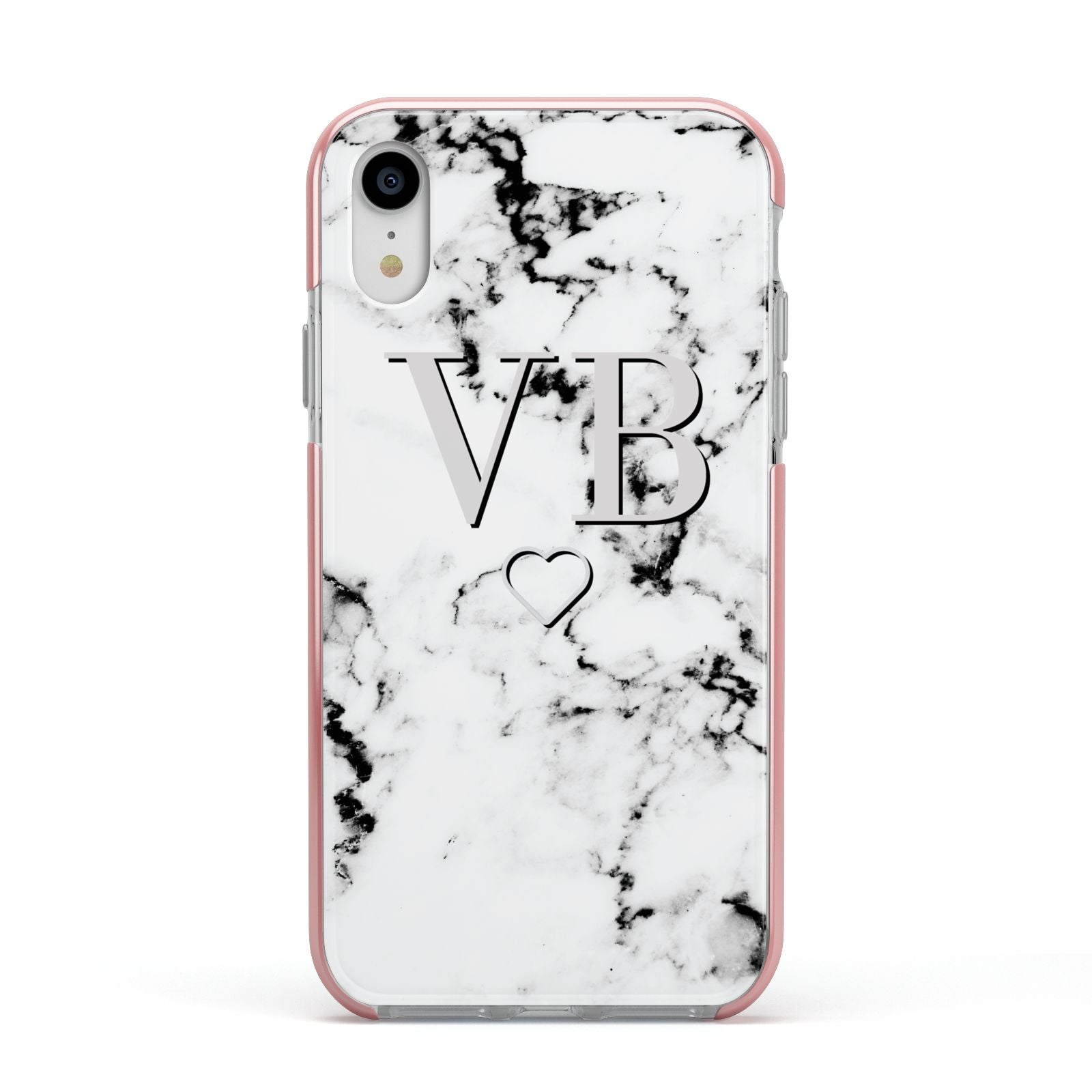 Personalised Initials Outline Heart Marble Apple iPhone XR Impact Case Pink Edge on Silver Phone