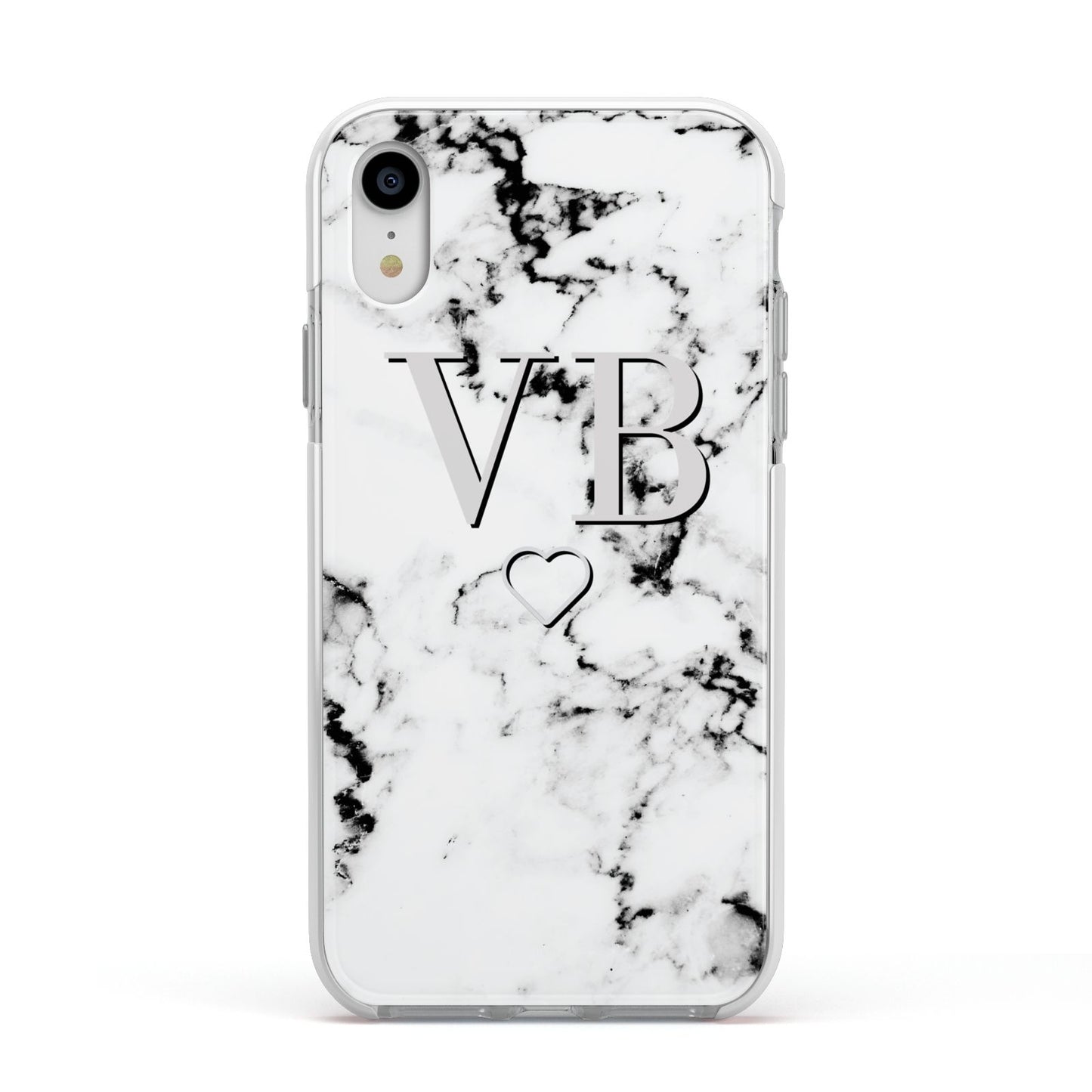 Personalised Initials Outline Heart Marble Apple iPhone XR Impact Case White Edge on Silver Phone