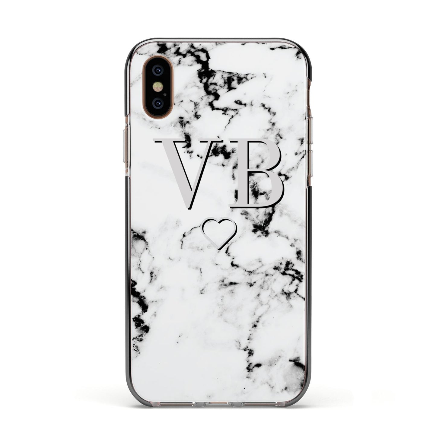 Personalised Initials Outline Heart Marble Apple iPhone Xs Impact Case Black Edge on Gold Phone