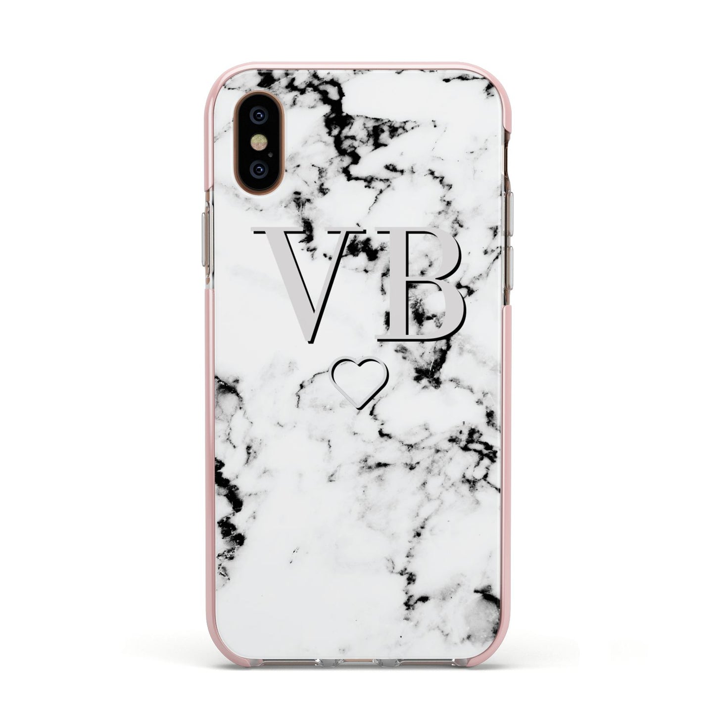 Personalised Initials Outline Heart Marble Apple iPhone Xs Impact Case Pink Edge on Gold Phone