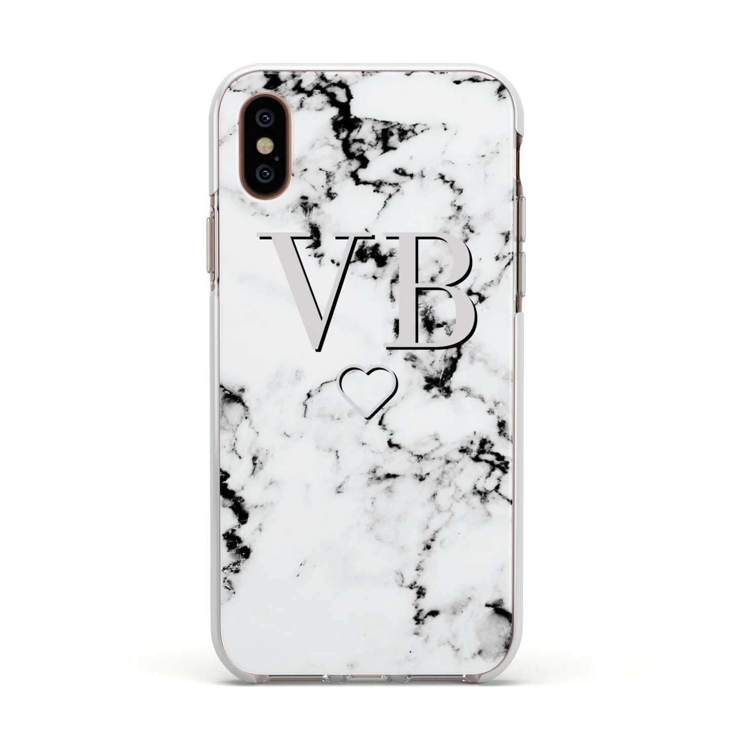 Personalised Initials Outline Heart Marble Apple iPhone Xs Impact Case White Edge on Gold Phone