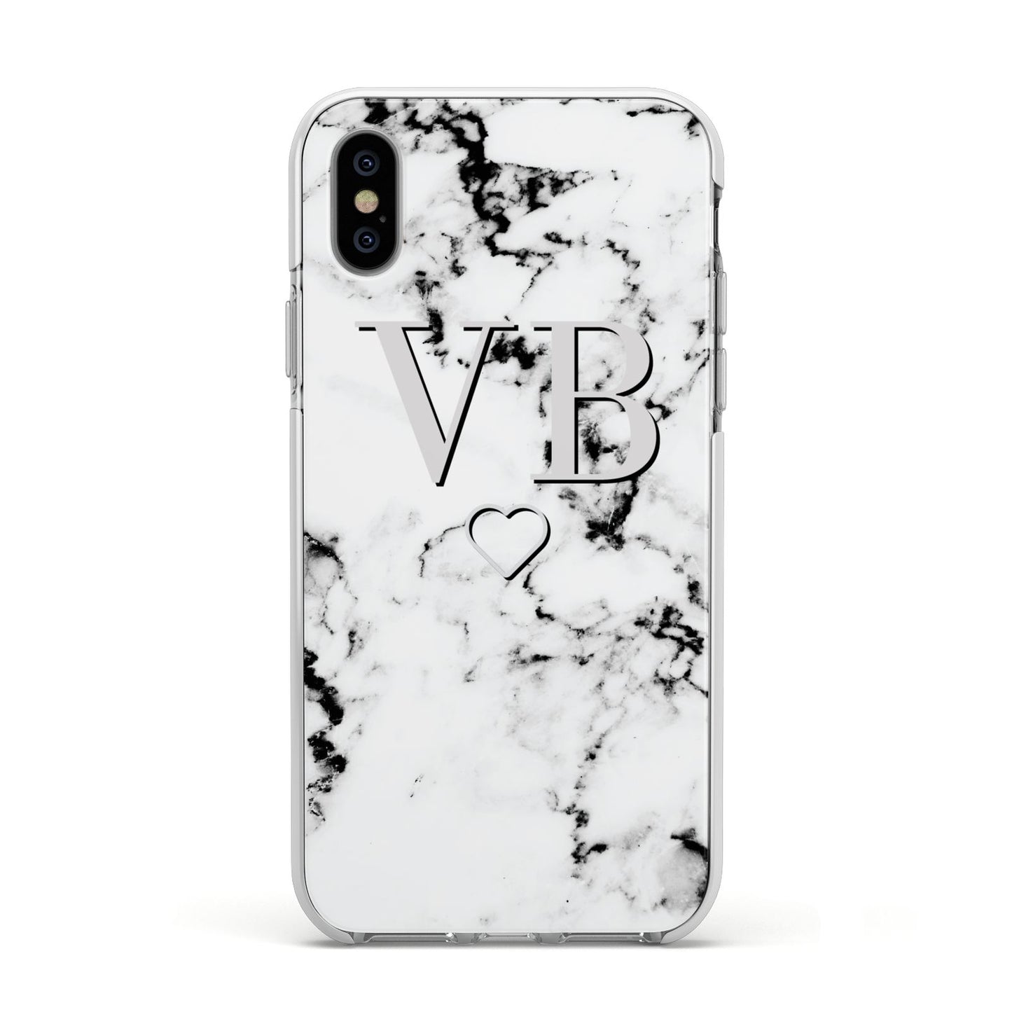 Personalised Initials Outline Heart Marble Apple iPhone Xs Impact Case White Edge on Silver Phone