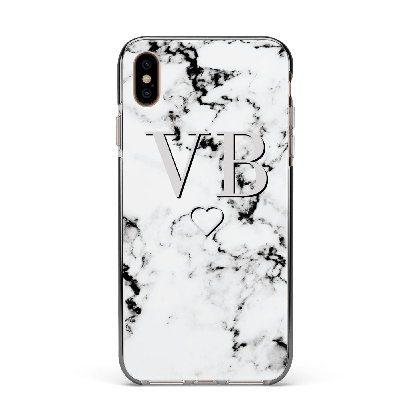 Personalised Initials Outline Heart Marble Apple iPhone Xs Max Impact Case Black Edge on Gold Phone