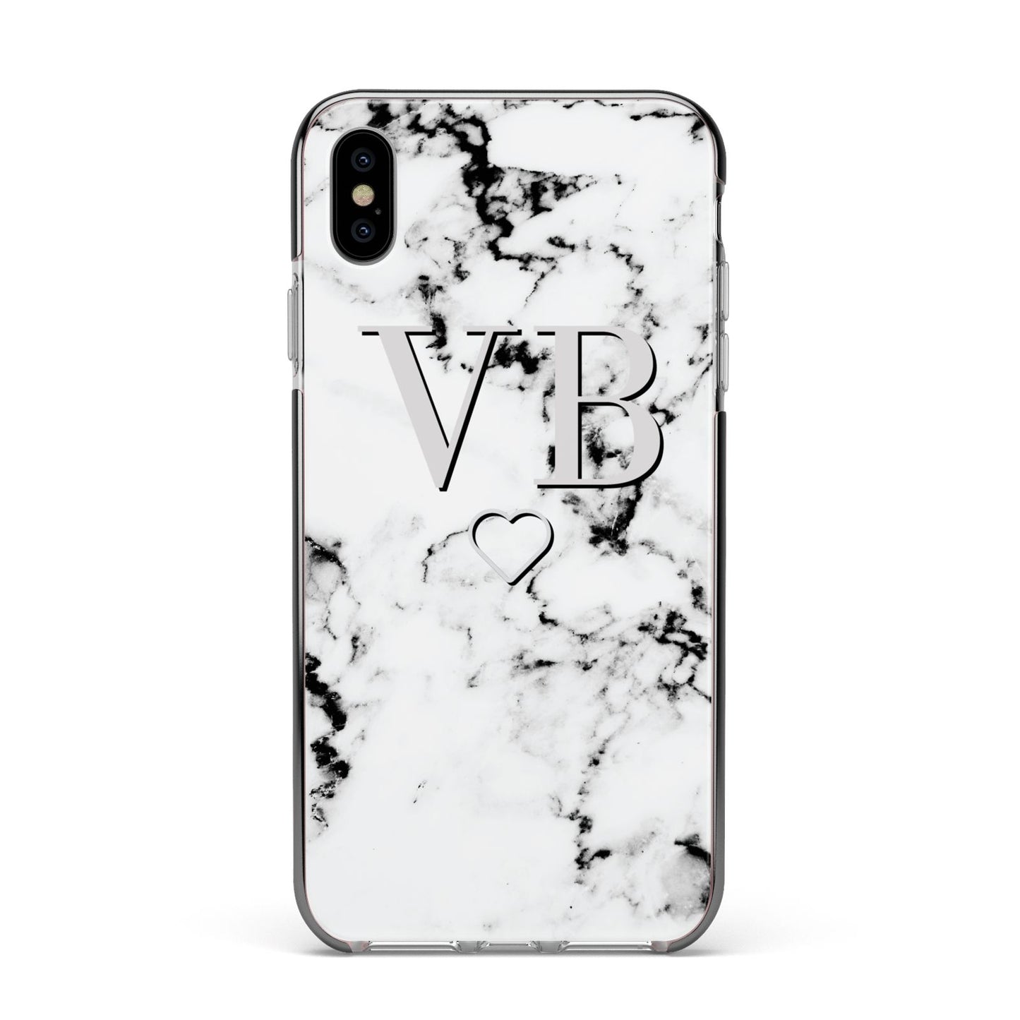 Personalised Initials Outline Heart Marble Apple iPhone Xs Max Impact Case Black Edge on Silver Phone