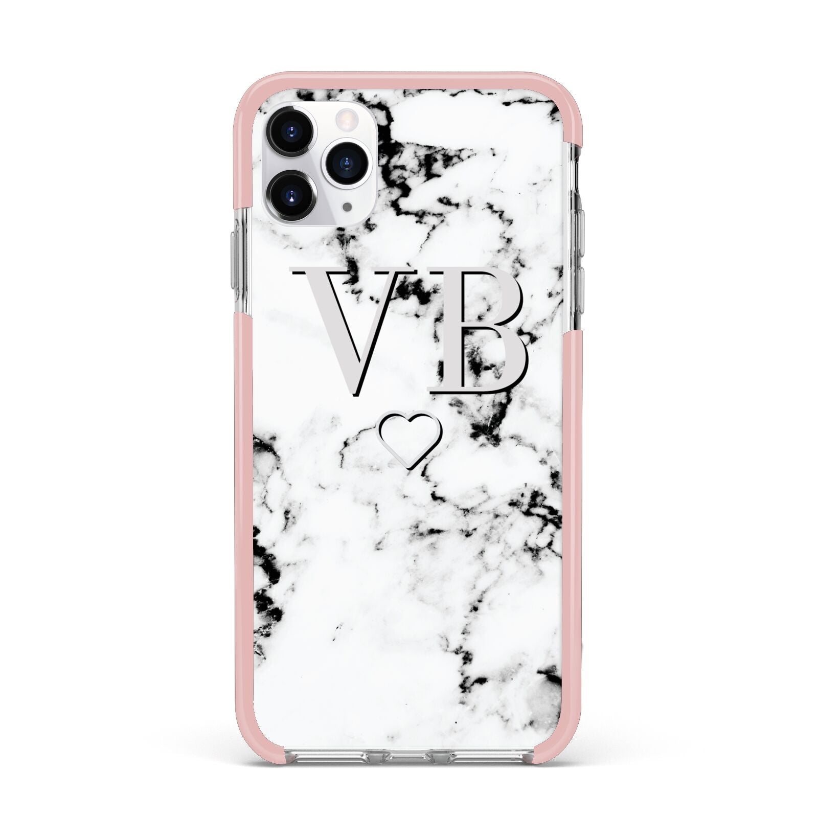 Personalised Initials Outline Heart Marble iPhone 11 Pro Max Impact Pink Edge Case