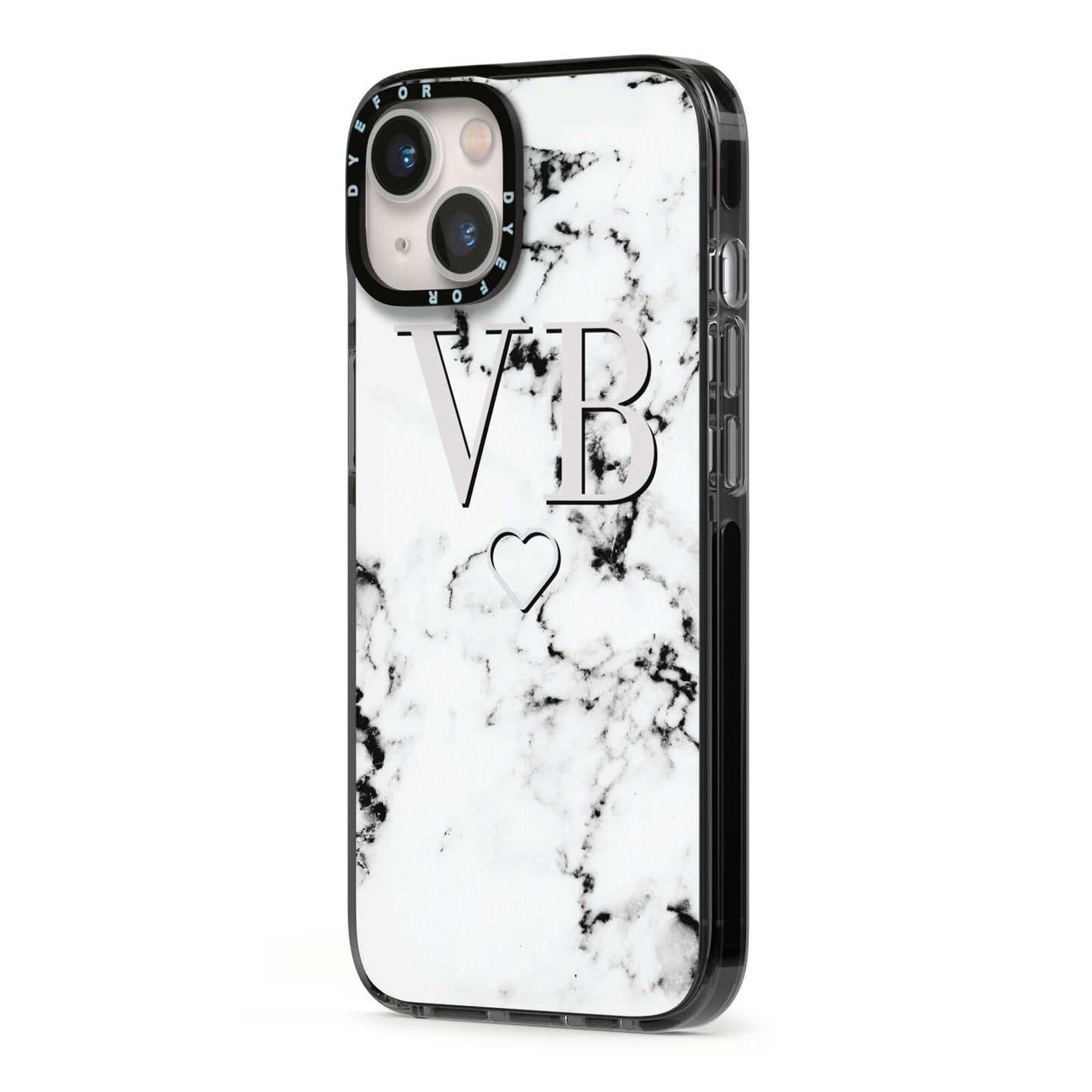 Personalised Initials Outline Heart Marble iPhone 13 Black Impact Case Side Angle on Silver phone