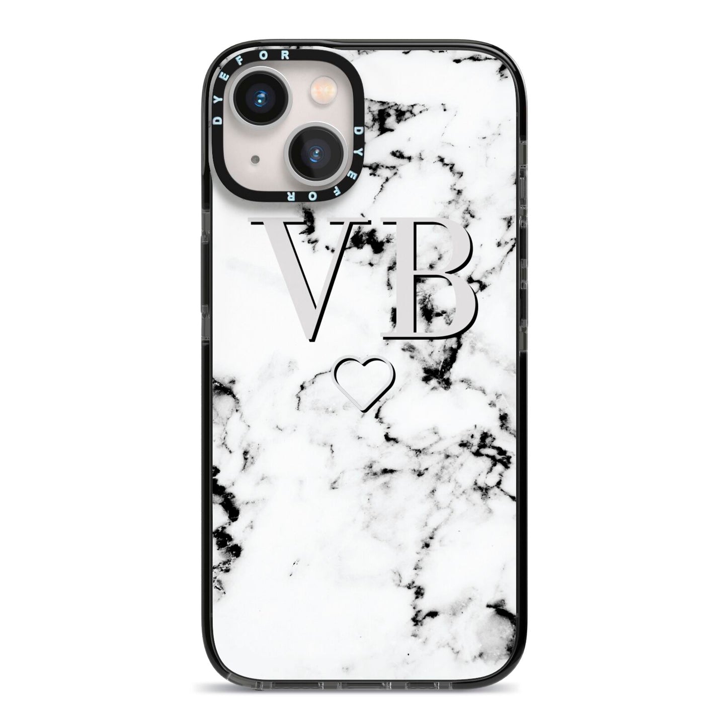 Personalised Initials Outline Heart Marble iPhone 13 Black Impact Case on Silver phone