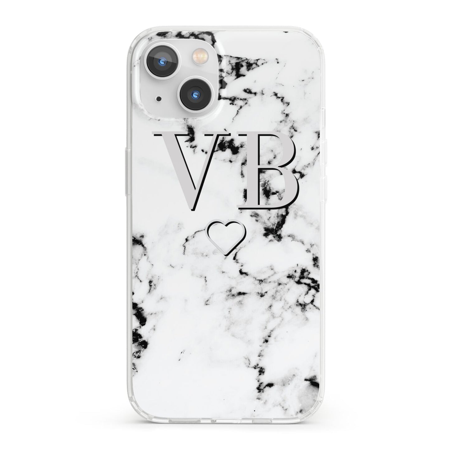 Personalised Initials Outline Heart Marble iPhone 13 Clear Bumper Case