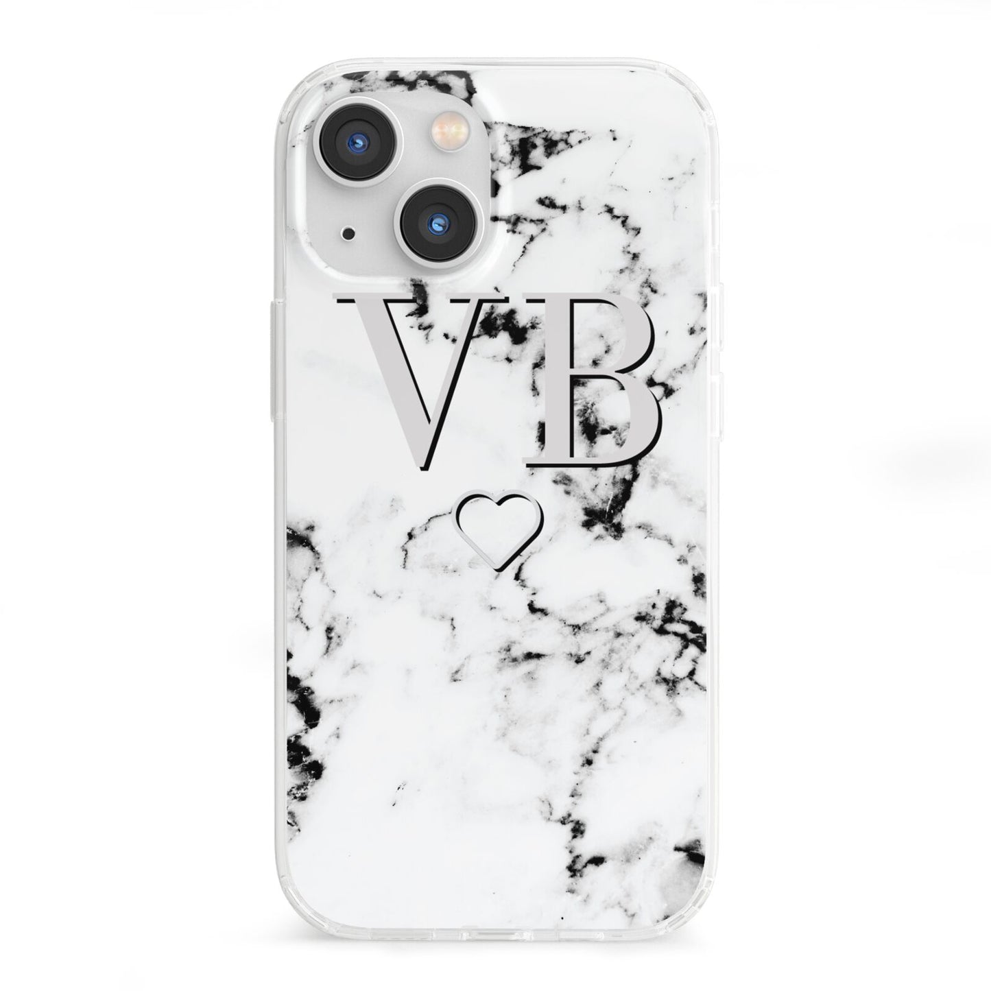 Personalised Initials Outline Heart Marble iPhone 13 Mini Clear Bumper Case