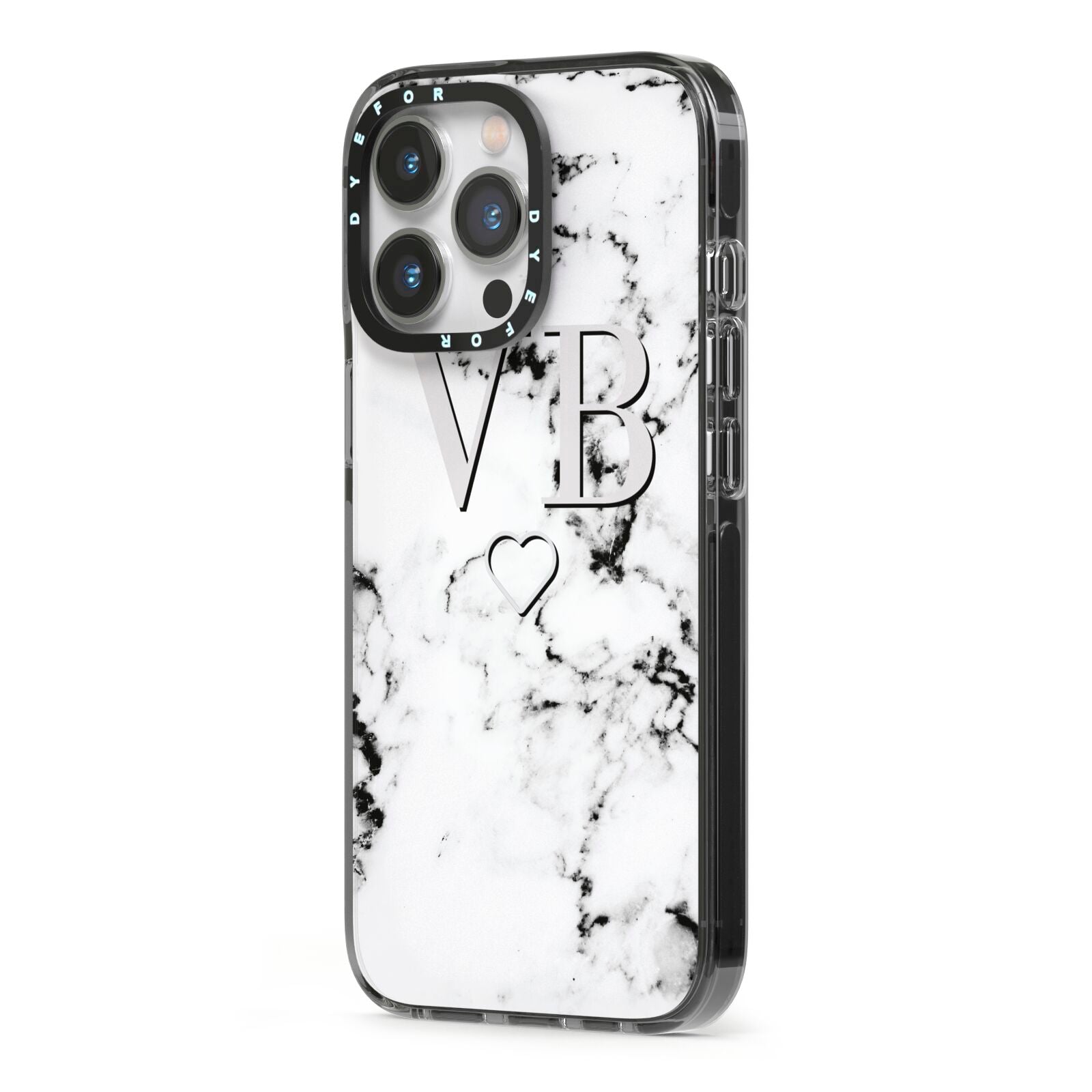 Personalised Initials Outline Heart Marble iPhone 13 Pro Black Impact Case Side Angle on Silver phone