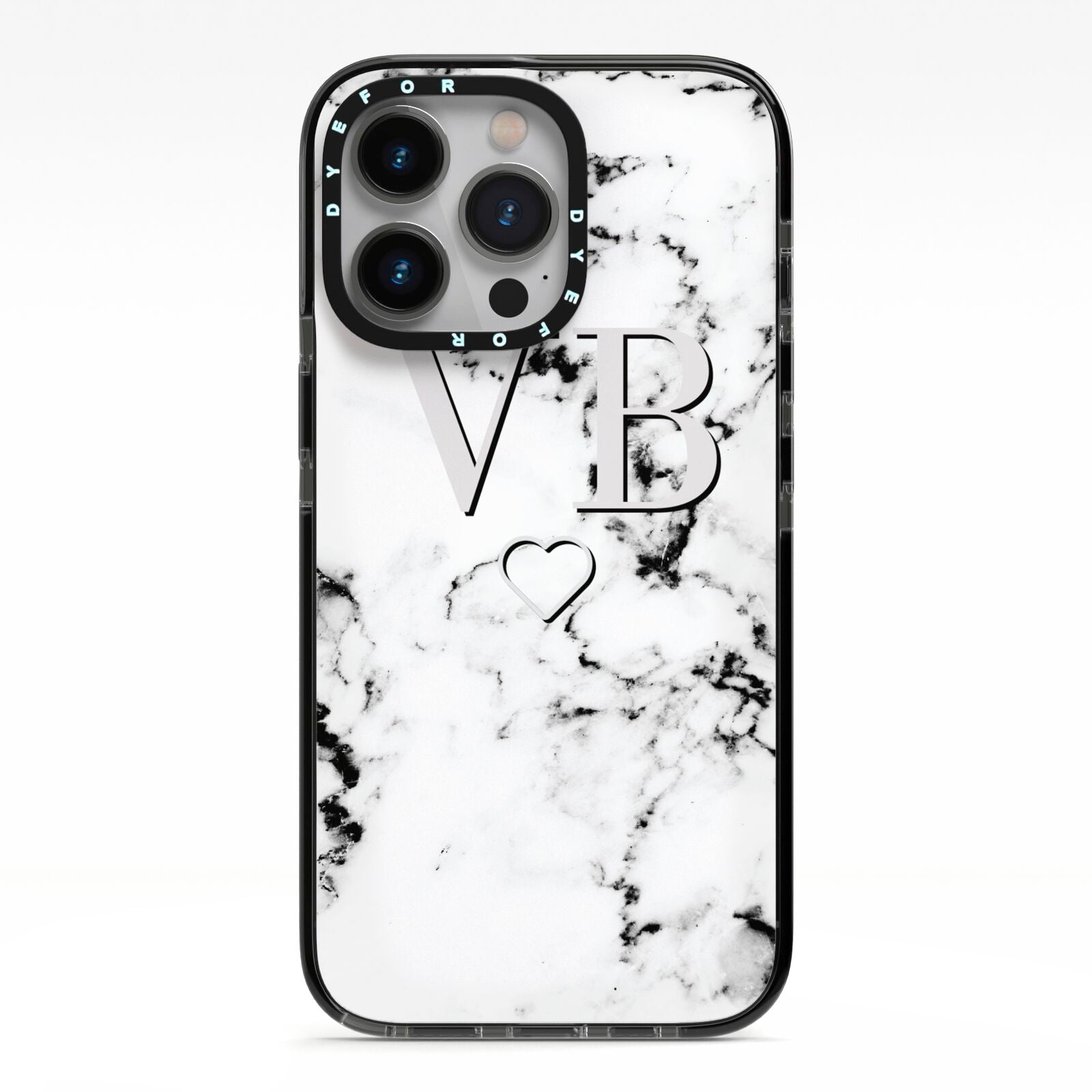 Personalised Initials Outline Heart Marble iPhone 13 Pro Black Impact Case on Silver phone