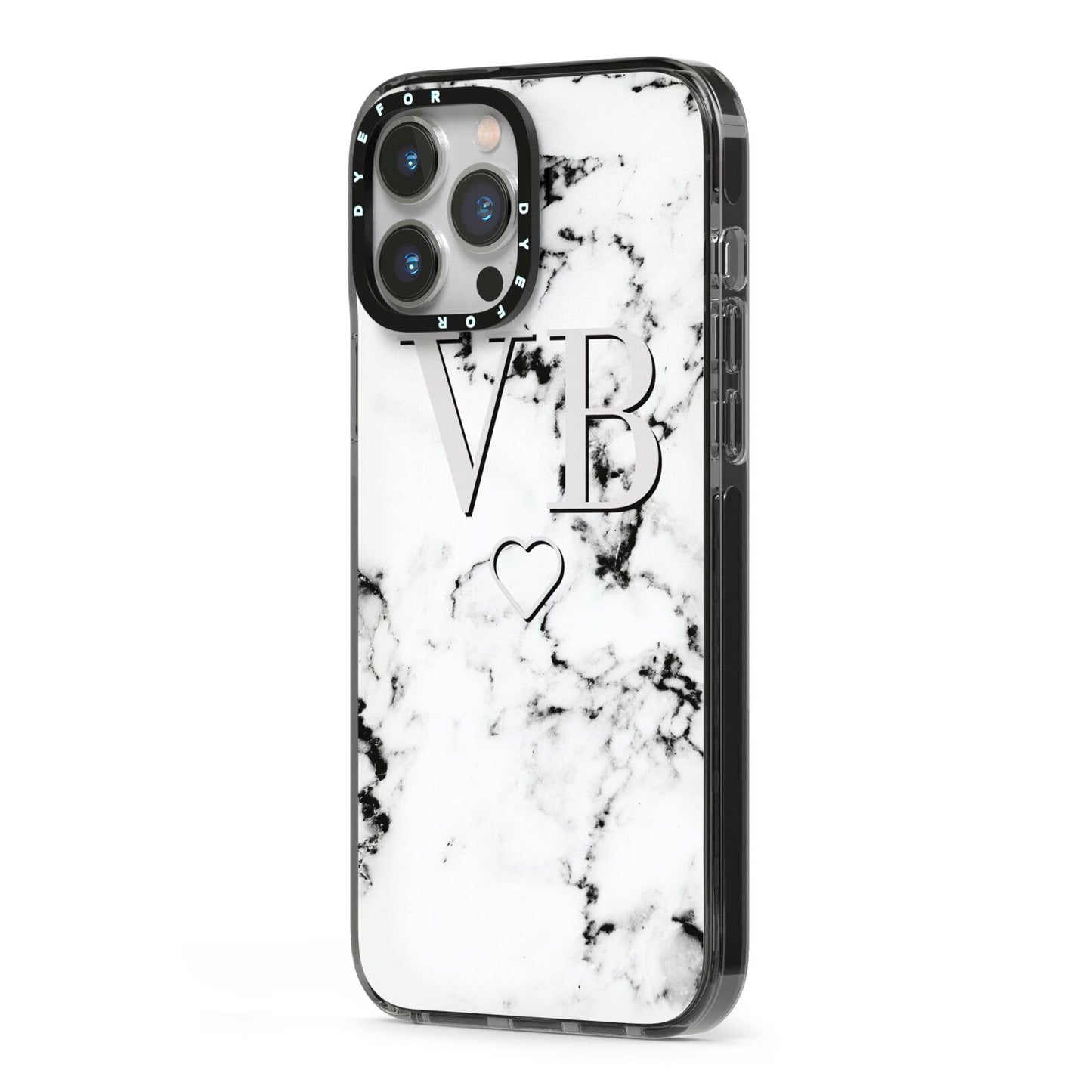 Personalised Initials Outline Heart Marble iPhone 13 Pro Max Black Impact Case Side Angle on Silver phone