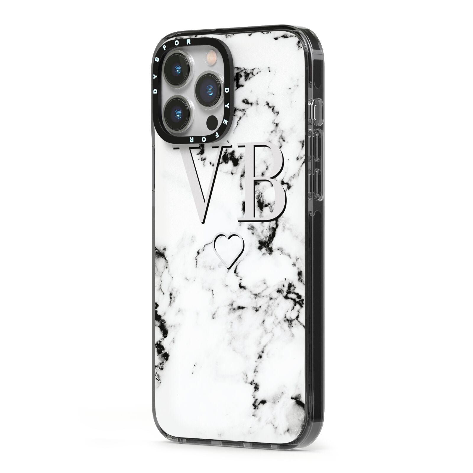 Personalised Initials Outline Heart Marble iPhone 13 Pro Max Black Impact Case Side Angle on Silver phone