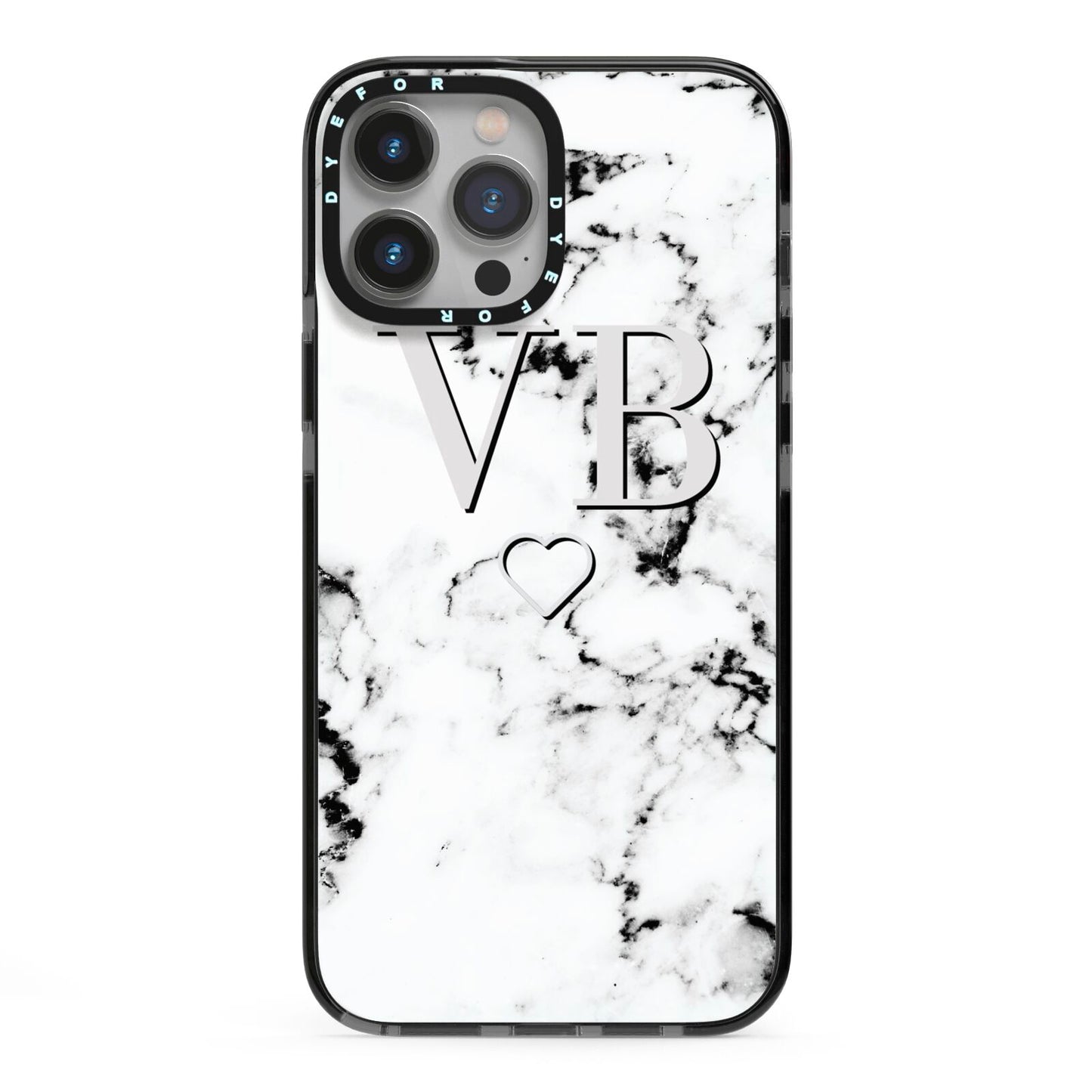 Personalised Initials Outline Heart Marble iPhone 13 Pro Max Black Impact Case on Silver phone