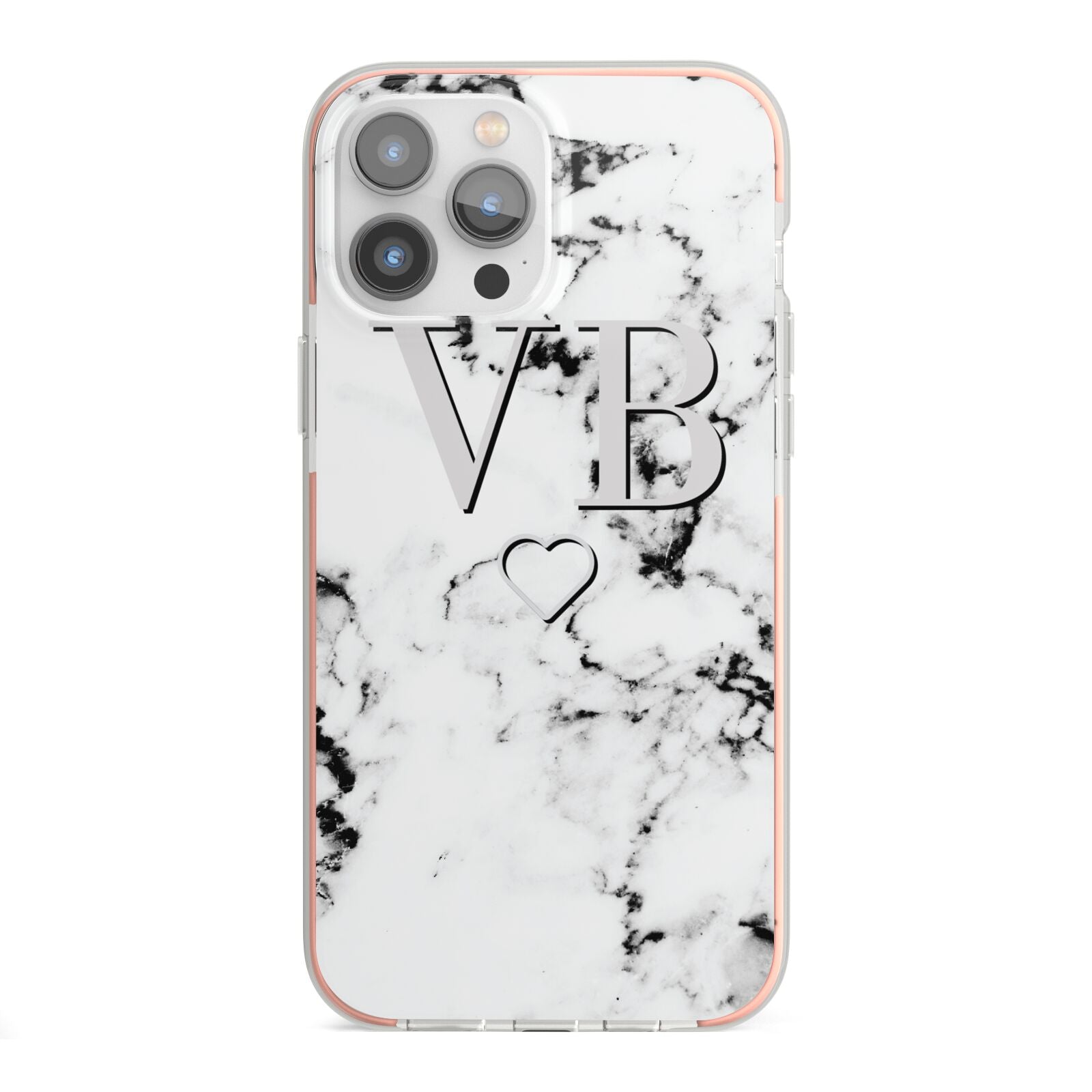 Personalised Initials Outline Heart Marble iPhone 13 Pro Max TPU Impact Case with Pink Edges