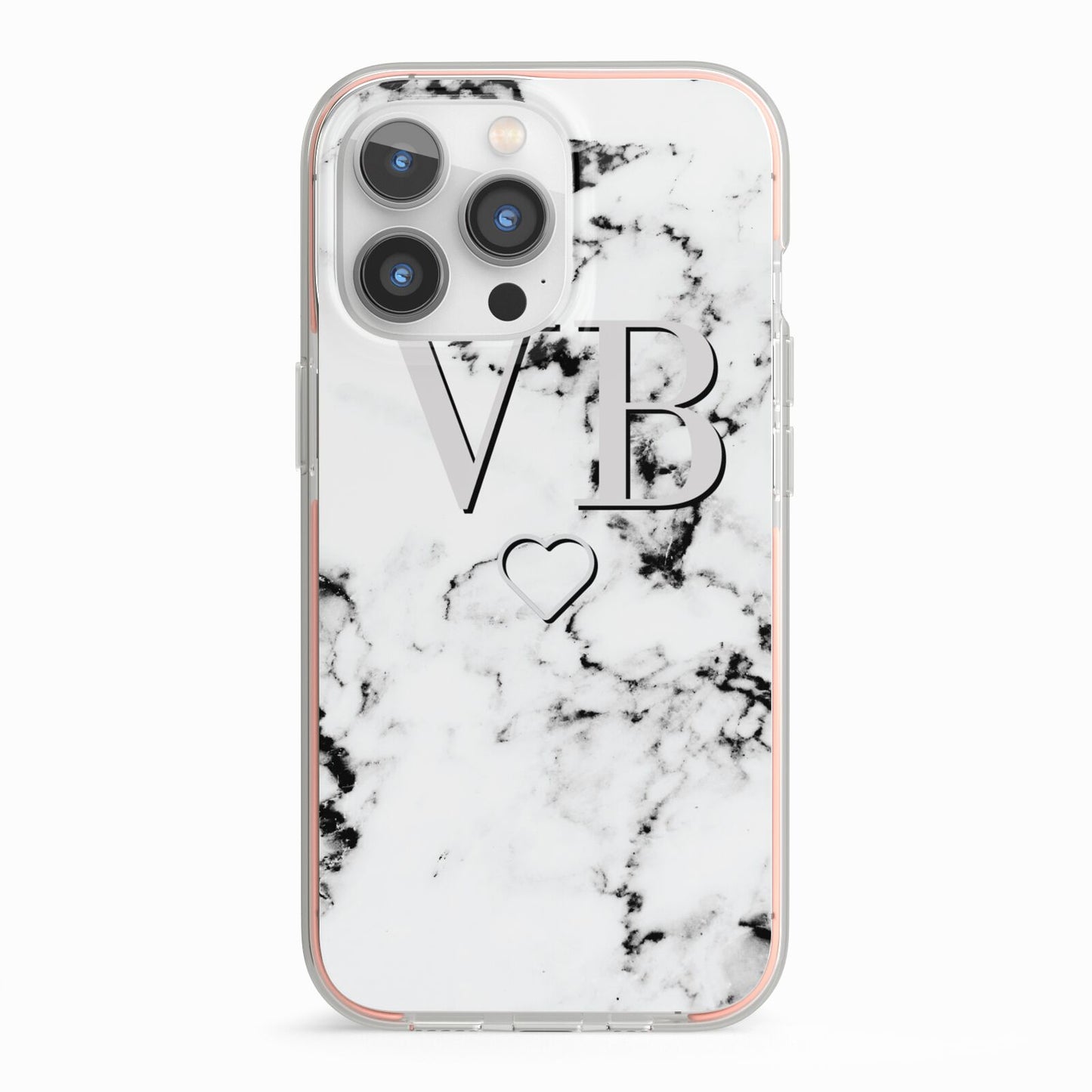 Personalised Initials Outline Heart Marble iPhone 13 Pro TPU Impact Case with Pink Edges