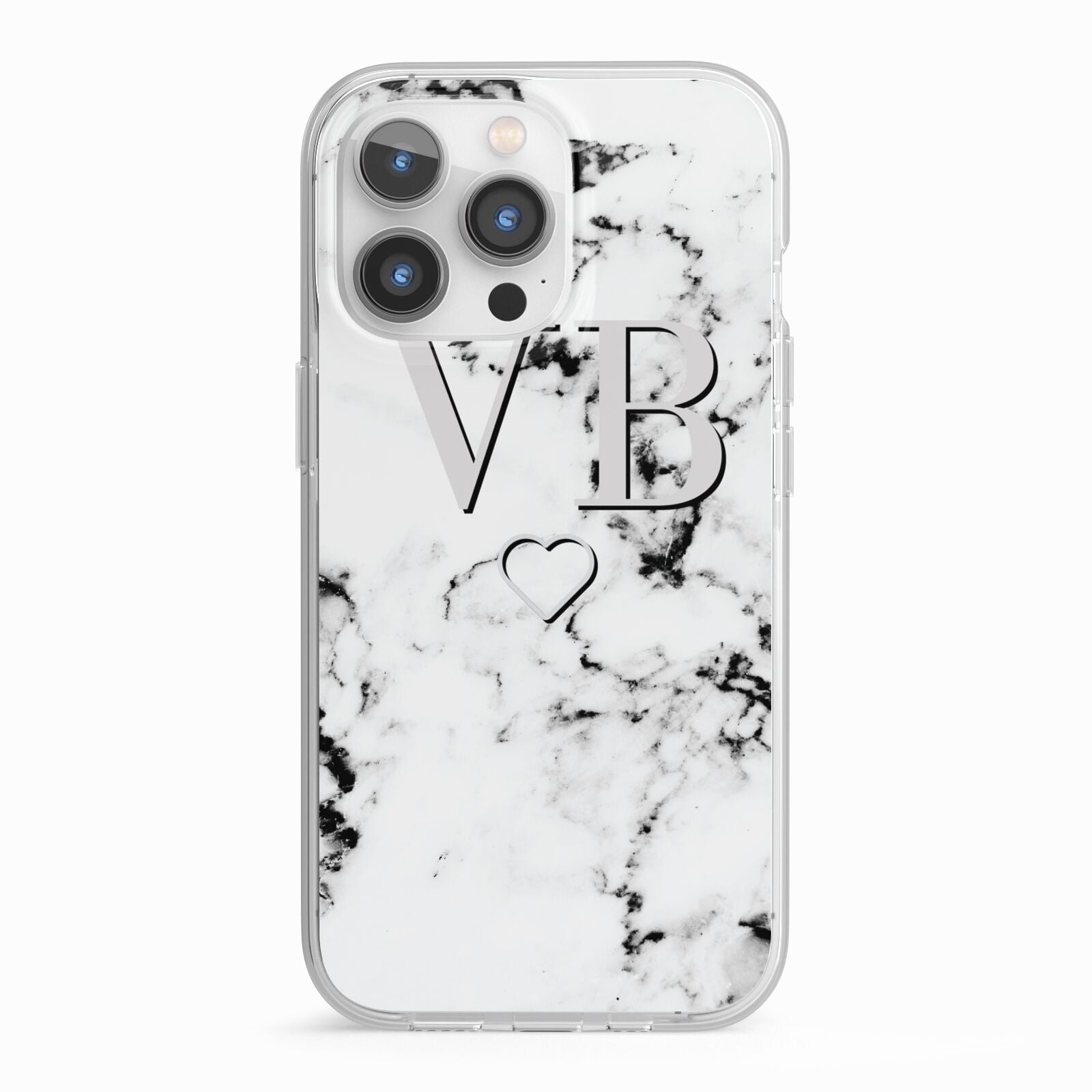 Personalised Initials Outline Heart Marble iPhone 13 Pro TPU Impact Case with White Edges