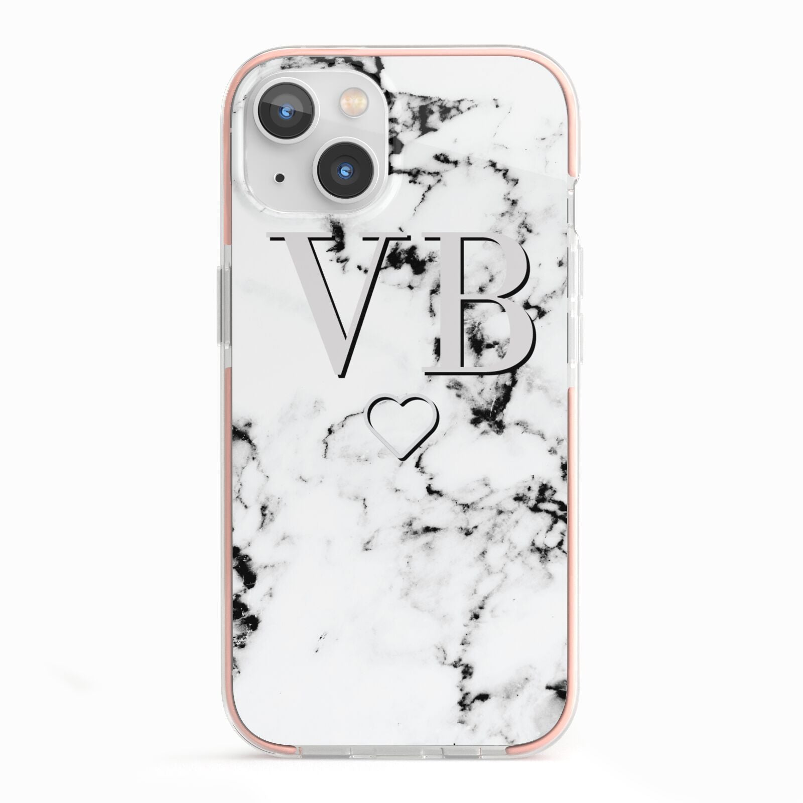 Personalised Initials Outline Heart Marble iPhone 13 TPU Impact Case with Pink Edges