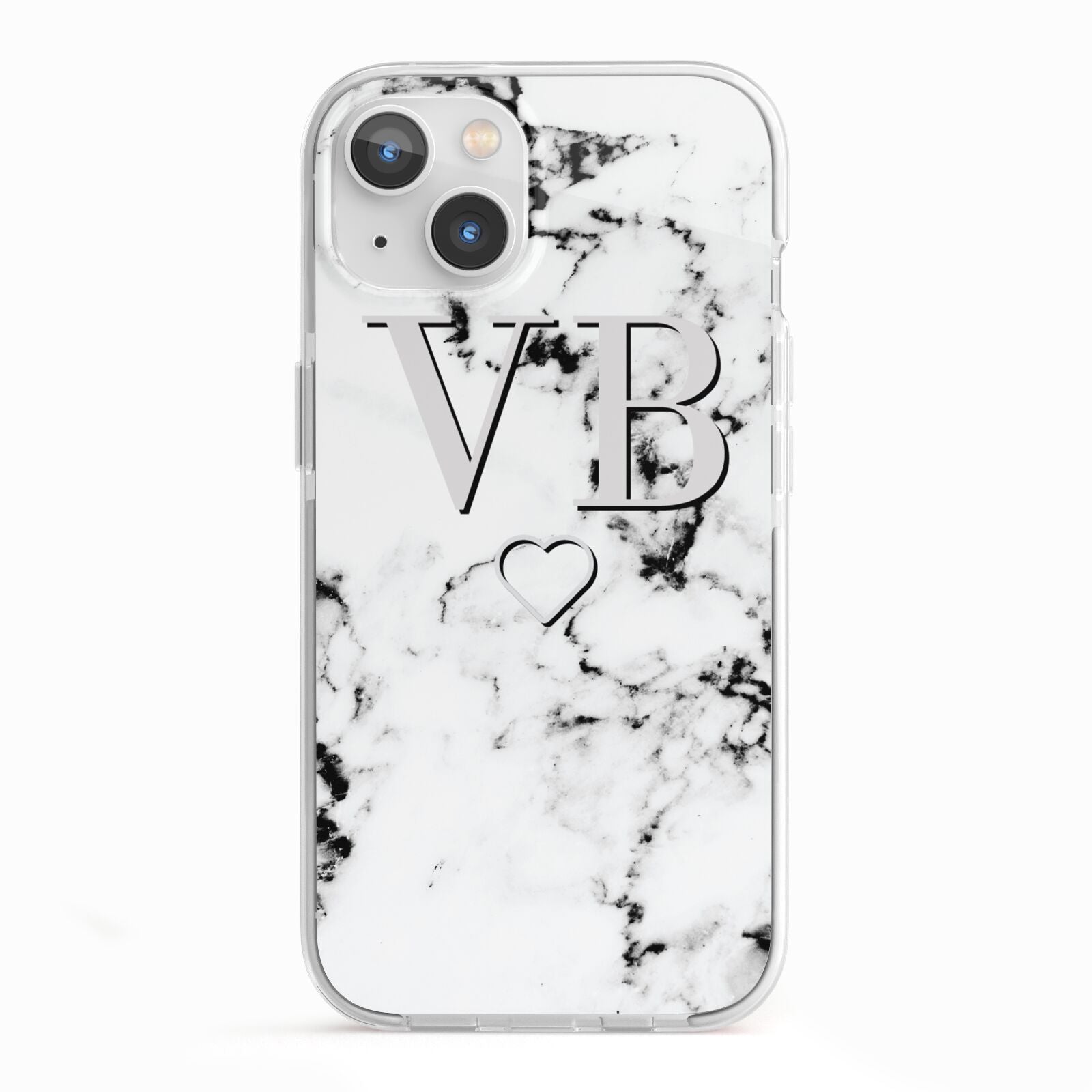 Personalised Initials Outline Heart Marble iPhone 13 TPU Impact Case with White Edges