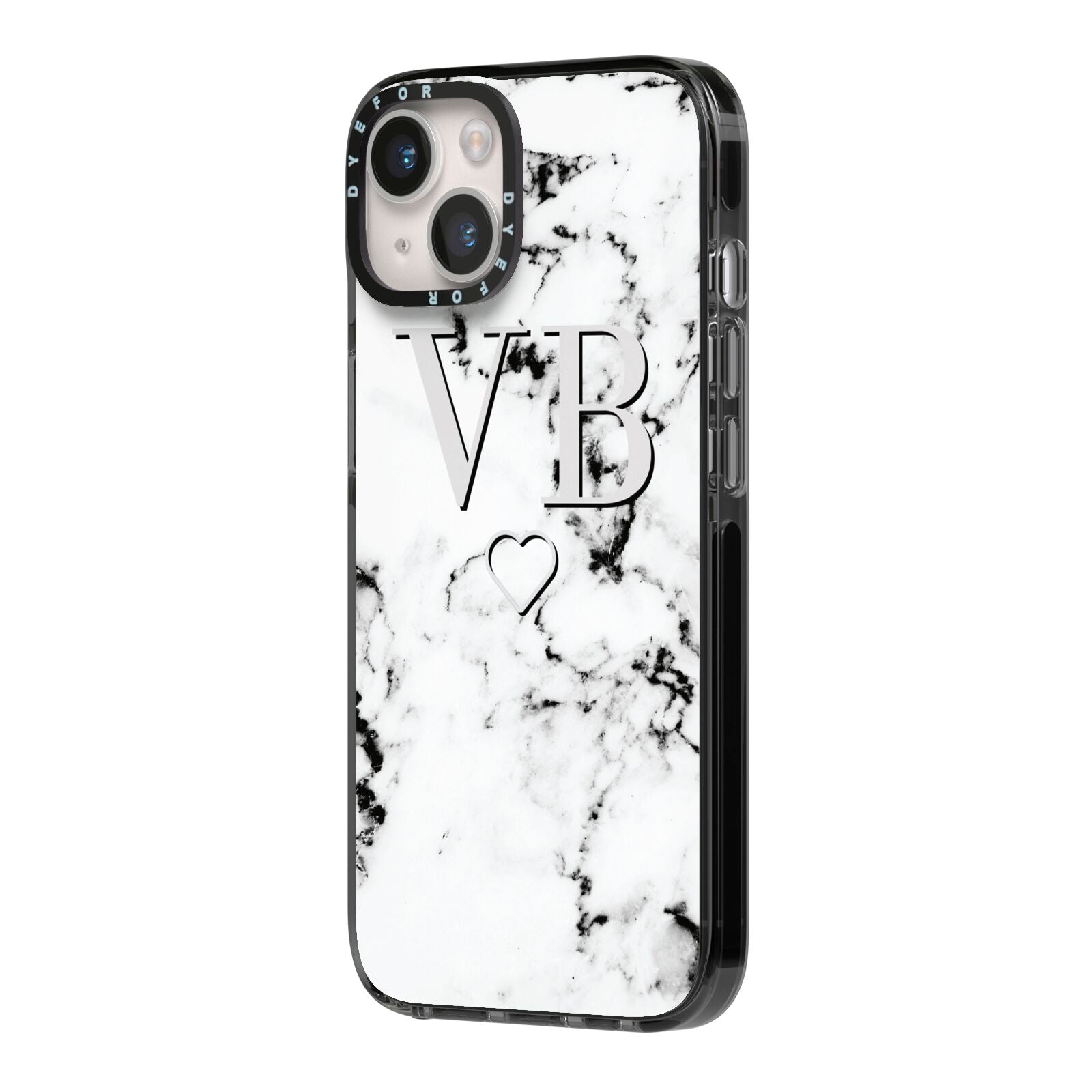 Personalised Initials Outline Heart Marble iPhone 14 Black Impact Case Side Angle on Silver phone