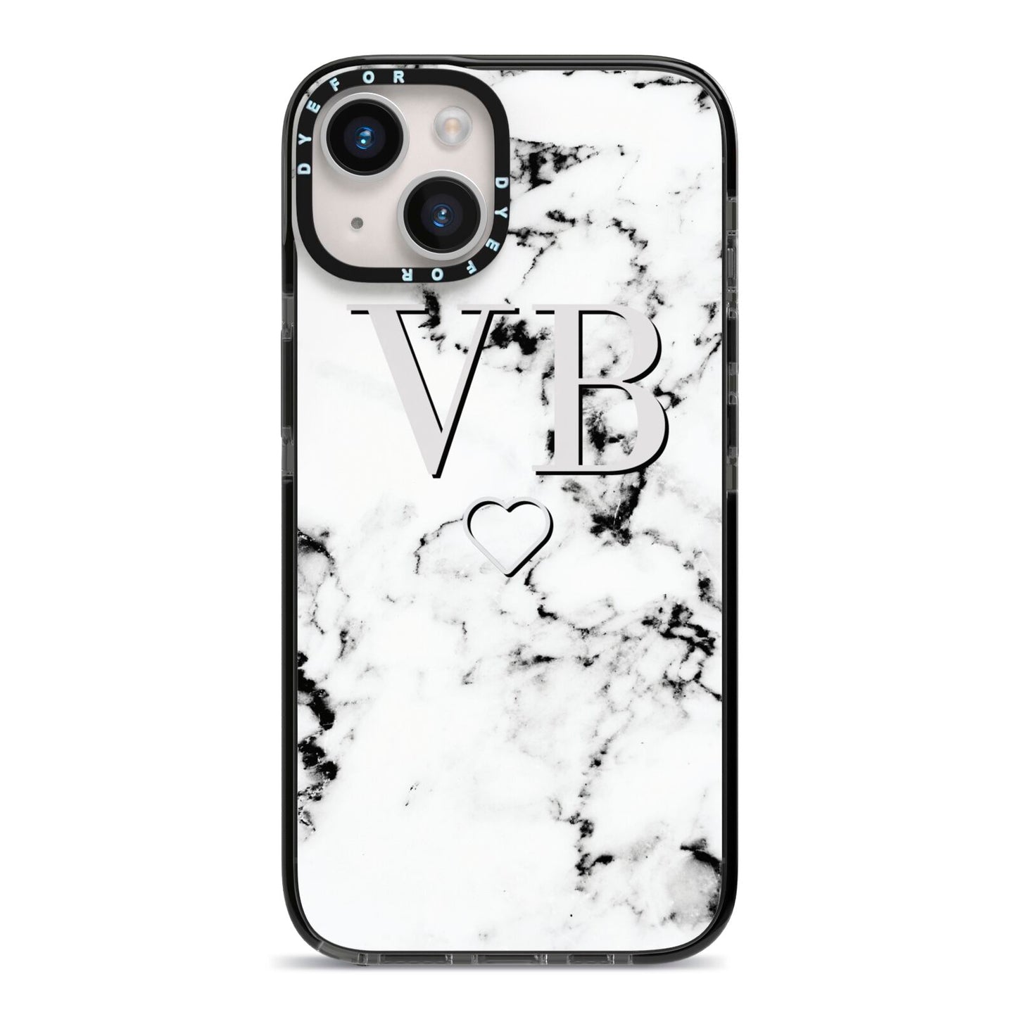 Personalised Initials Outline Heart Marble iPhone 14 Black Impact Case on Silver phone