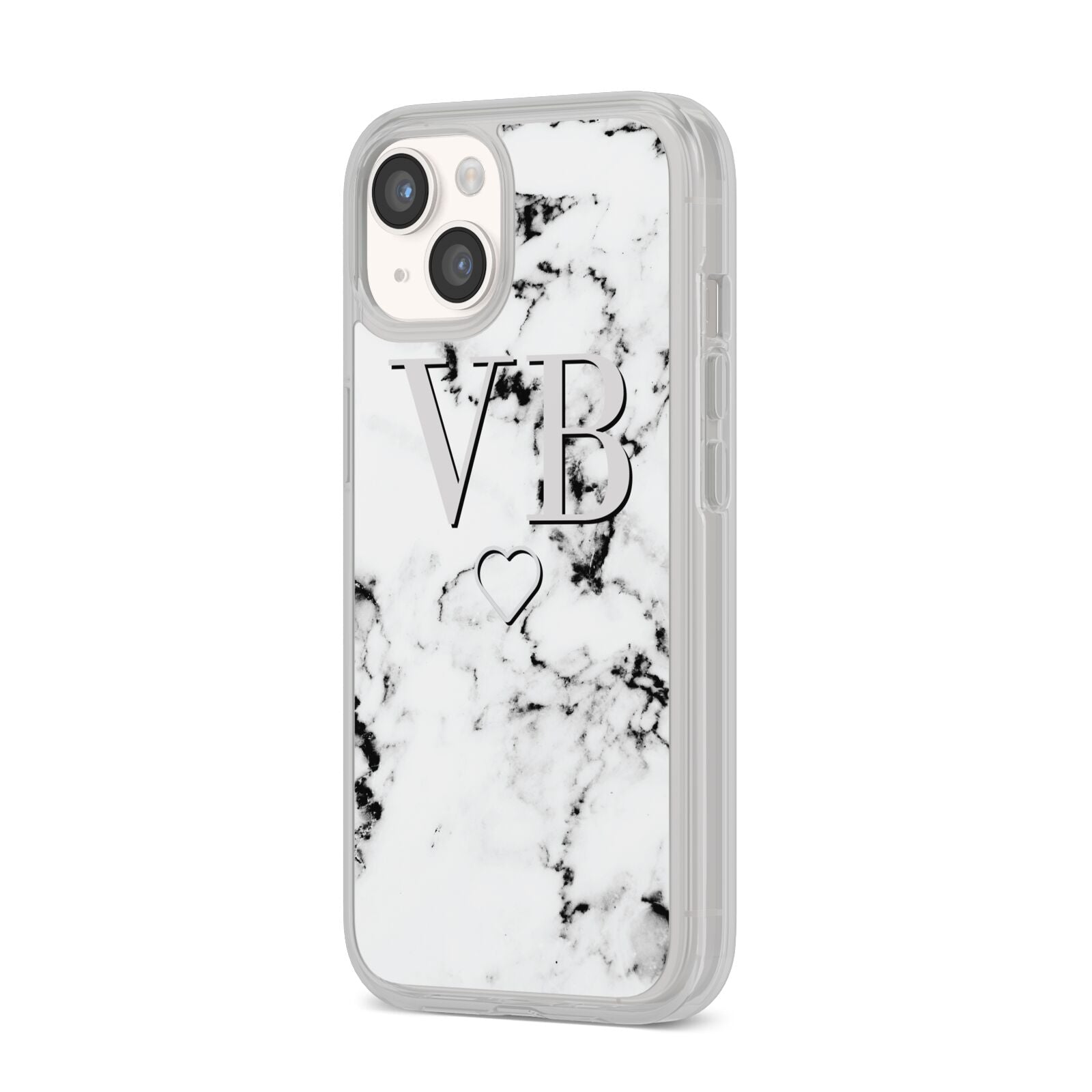 Personalised Initials Outline Heart Marble iPhone 14 Clear Tough Case Starlight Angled Image