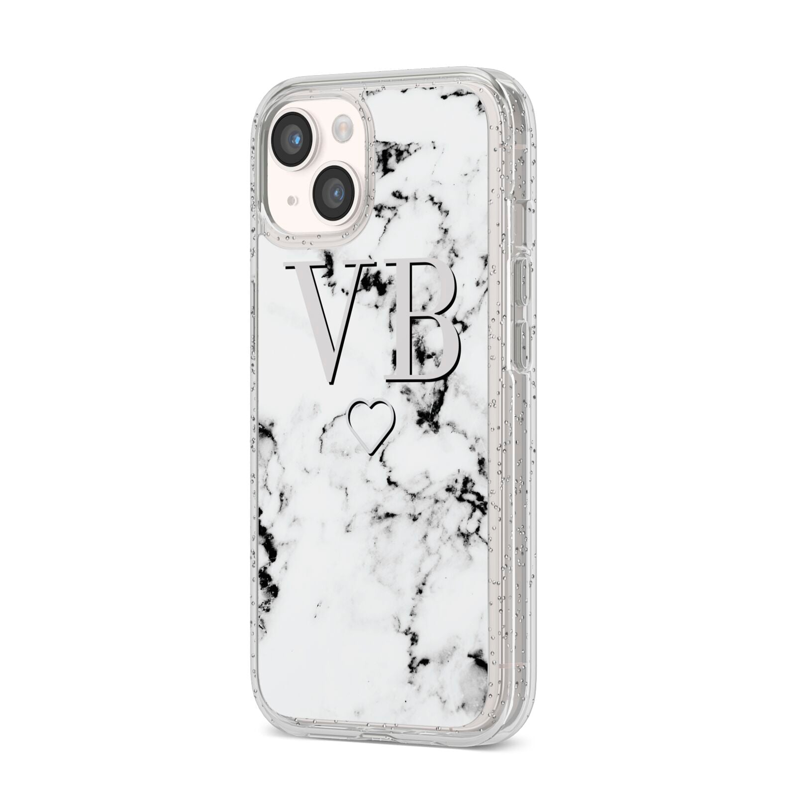 Personalised Initials Outline Heart Marble iPhone 14 Glitter Tough Case Starlight Angled Image