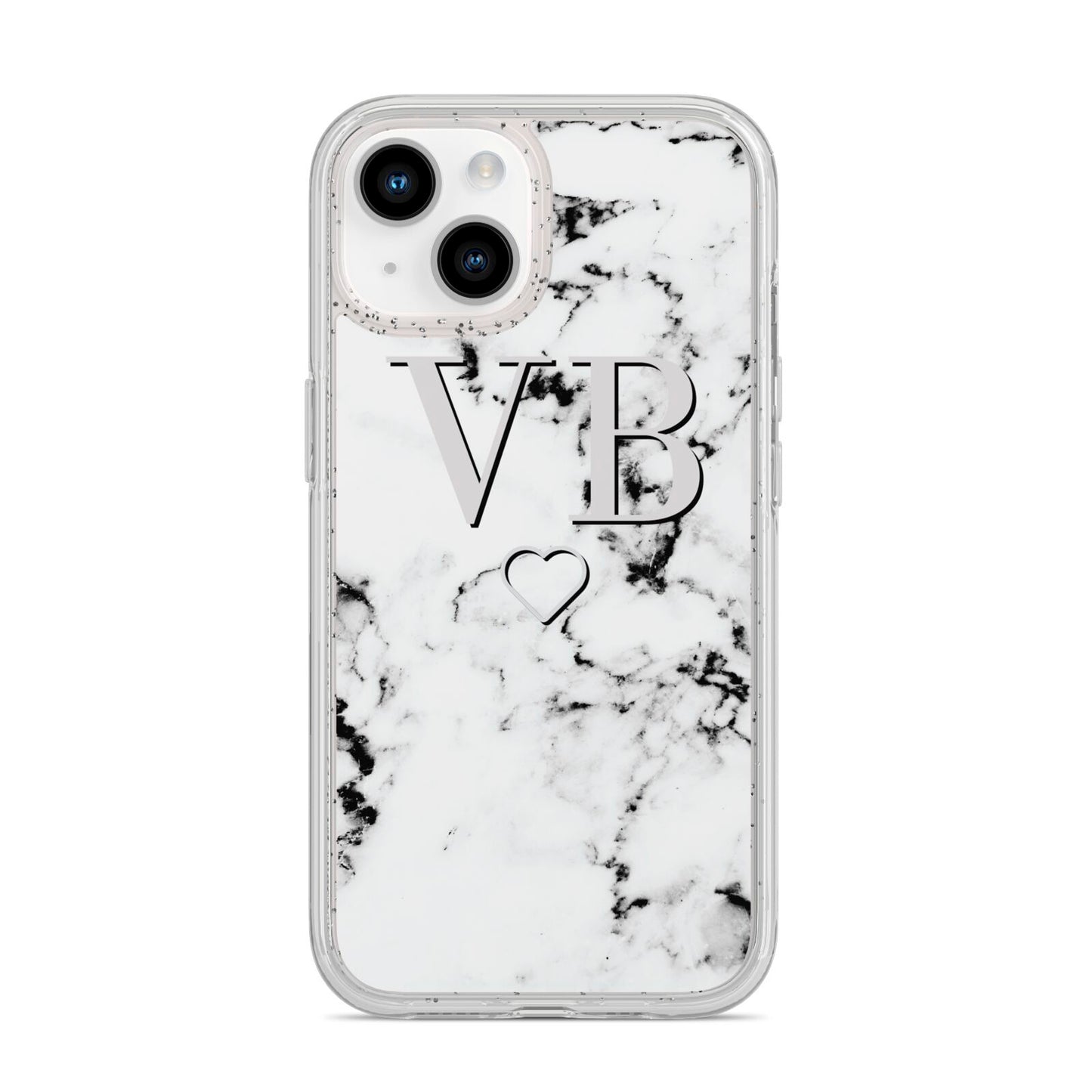 Personalised Initials Outline Heart Marble iPhone 14 Glitter Tough Case Starlight