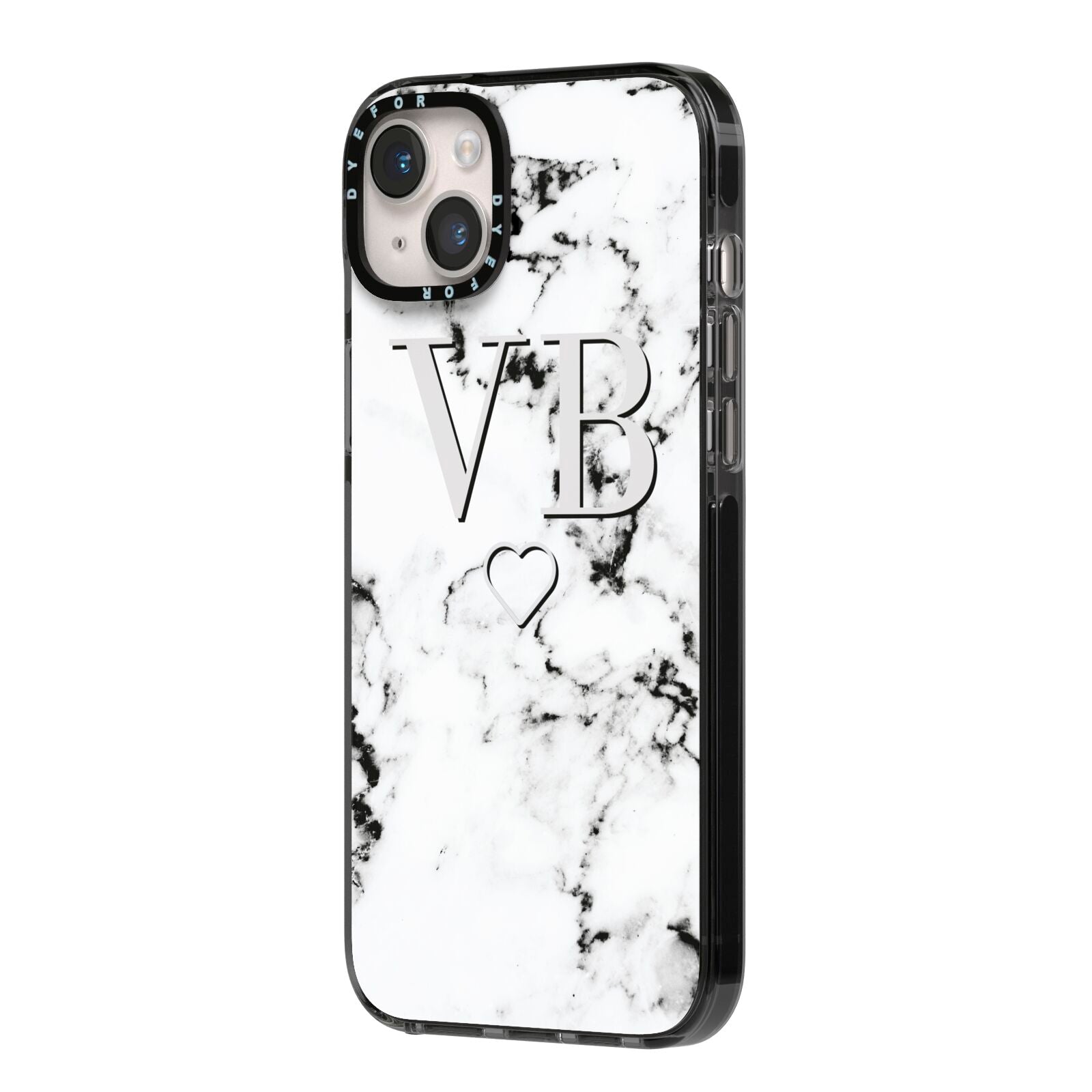 Personalised Initials Outline Heart Marble iPhone 14 Plus Black Impact Case Side Angle on Silver phone