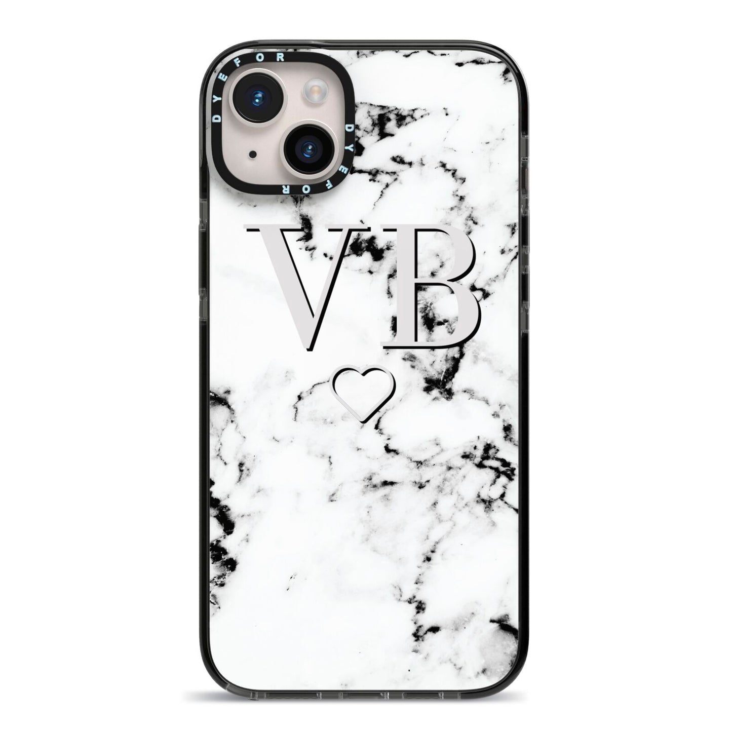 Personalised Initials Outline Heart Marble iPhone 14 Plus Black Impact Case on Silver phone