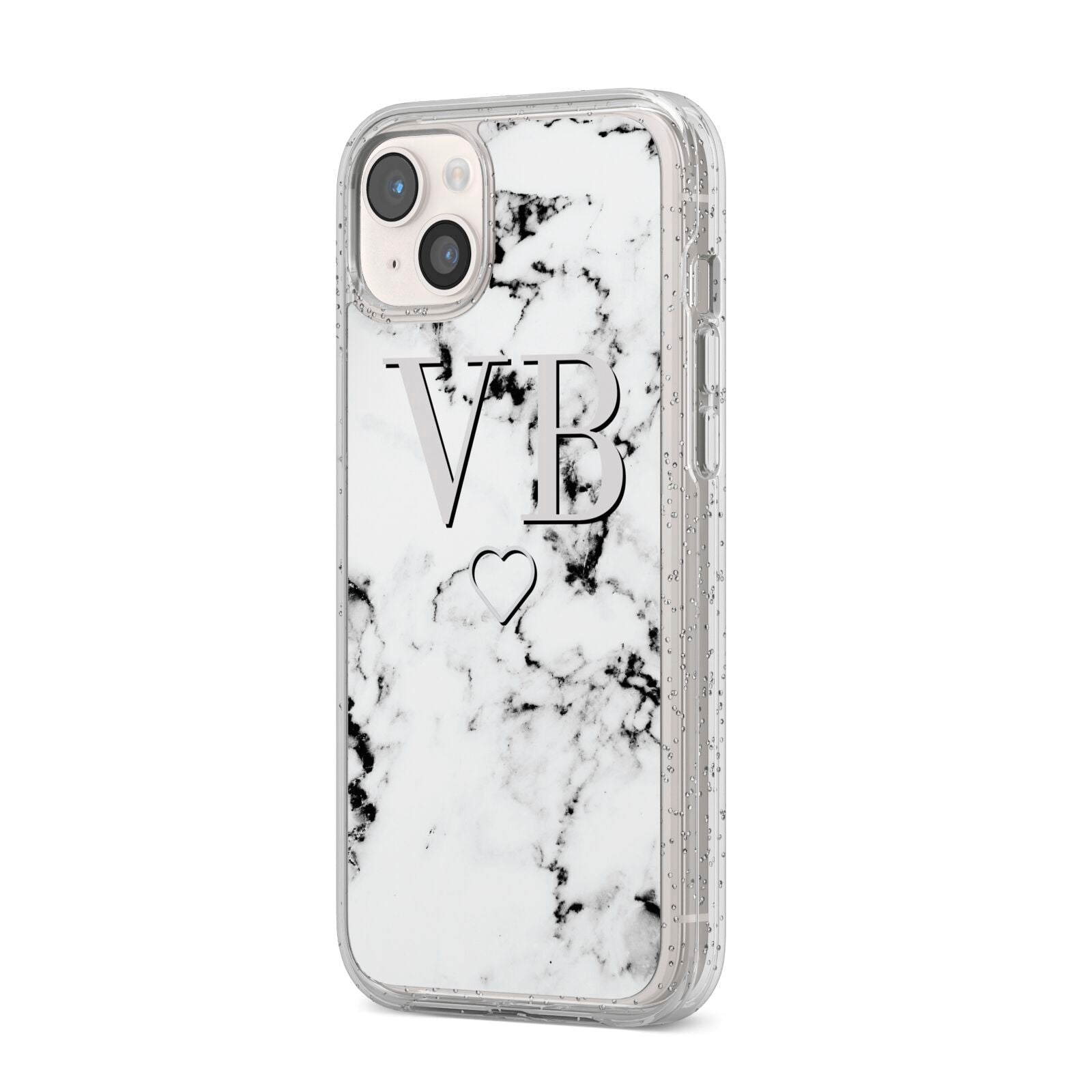 Personalised Initials Outline Heart Marble iPhone 14 Plus Glitter Tough Case Starlight Angled Image