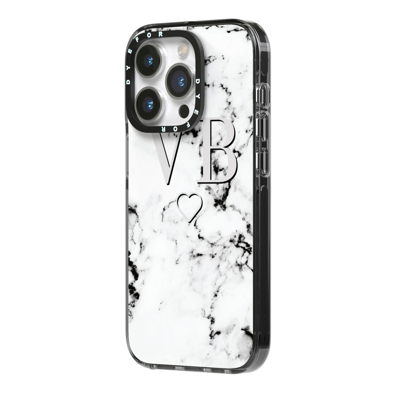 Personalised Initials Outline Heart Marble iPhone 14 Pro Black Impact Case Side Angle on Silver phone