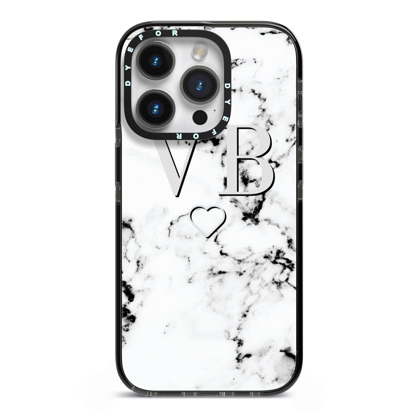 Personalised Initials Outline Heart Marble iPhone 14 Pro Black Impact Case on Silver phone