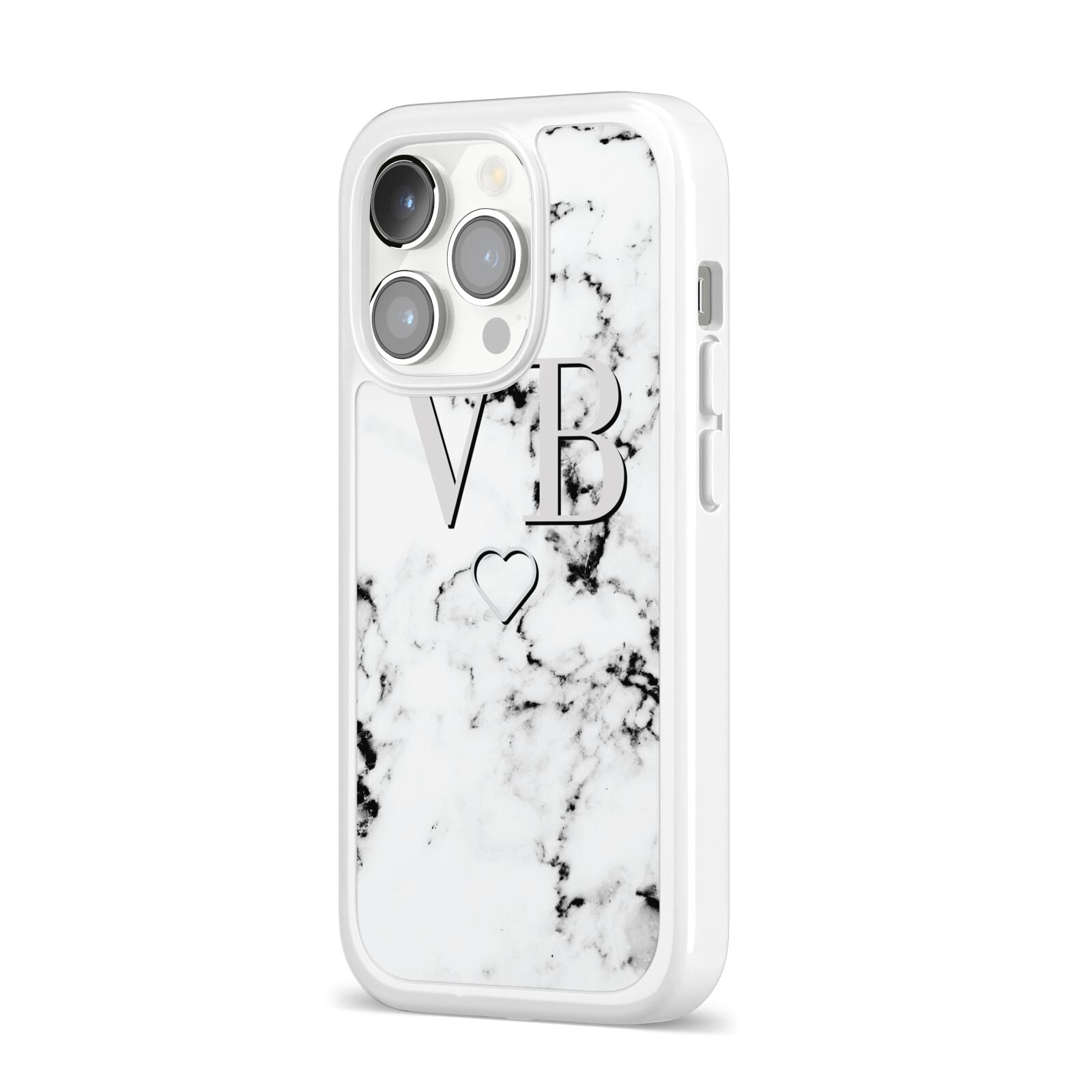 Personalised Initials Outline Heart Marble iPhone 14 Pro Clear Tough Case Silver Angled Image