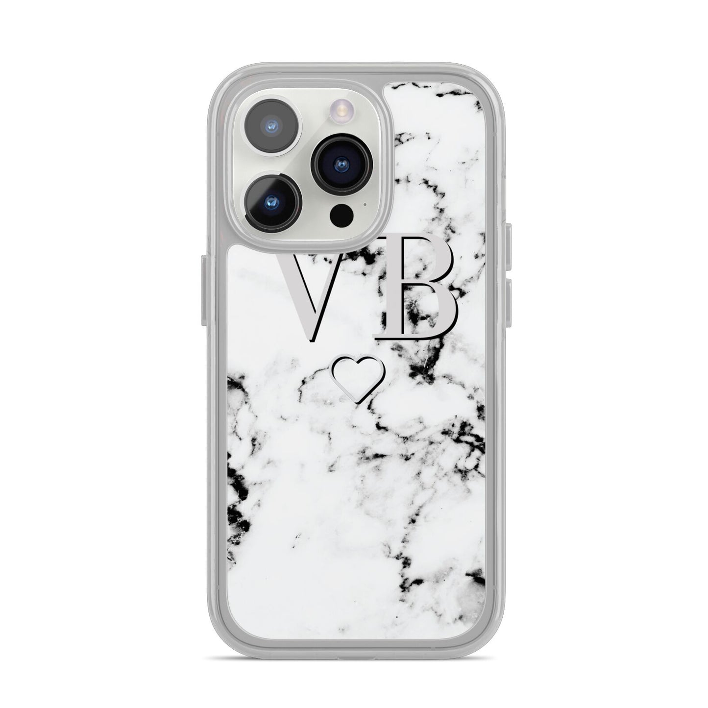 Personalised Initials Outline Heart Marble iPhone 14 Pro Clear Tough Case Silver