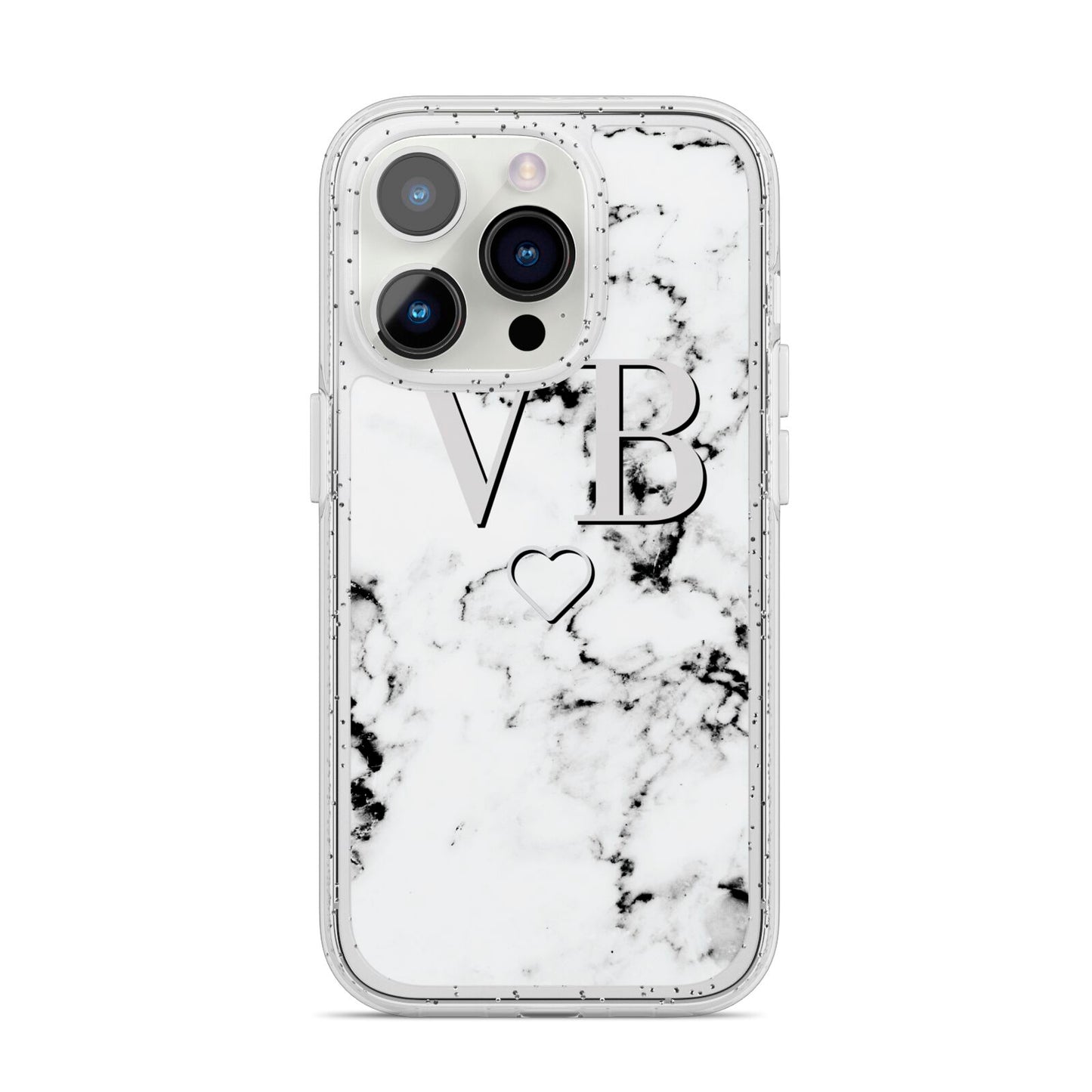 Personalised Initials Outline Heart Marble iPhone 14 Pro Glitter Tough Case Silver