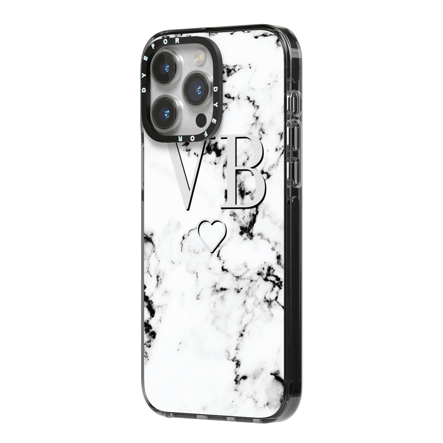 Personalised Initials Outline Heart Marble iPhone 14 Pro Max Black Impact Case Side Angle on Silver phone