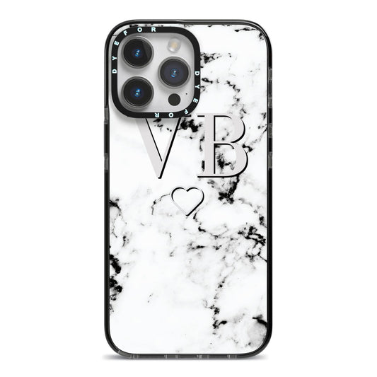 Personalised Initials Outline Heart Marble iPhone 14 Pro Max Black Impact Case on Silver phone